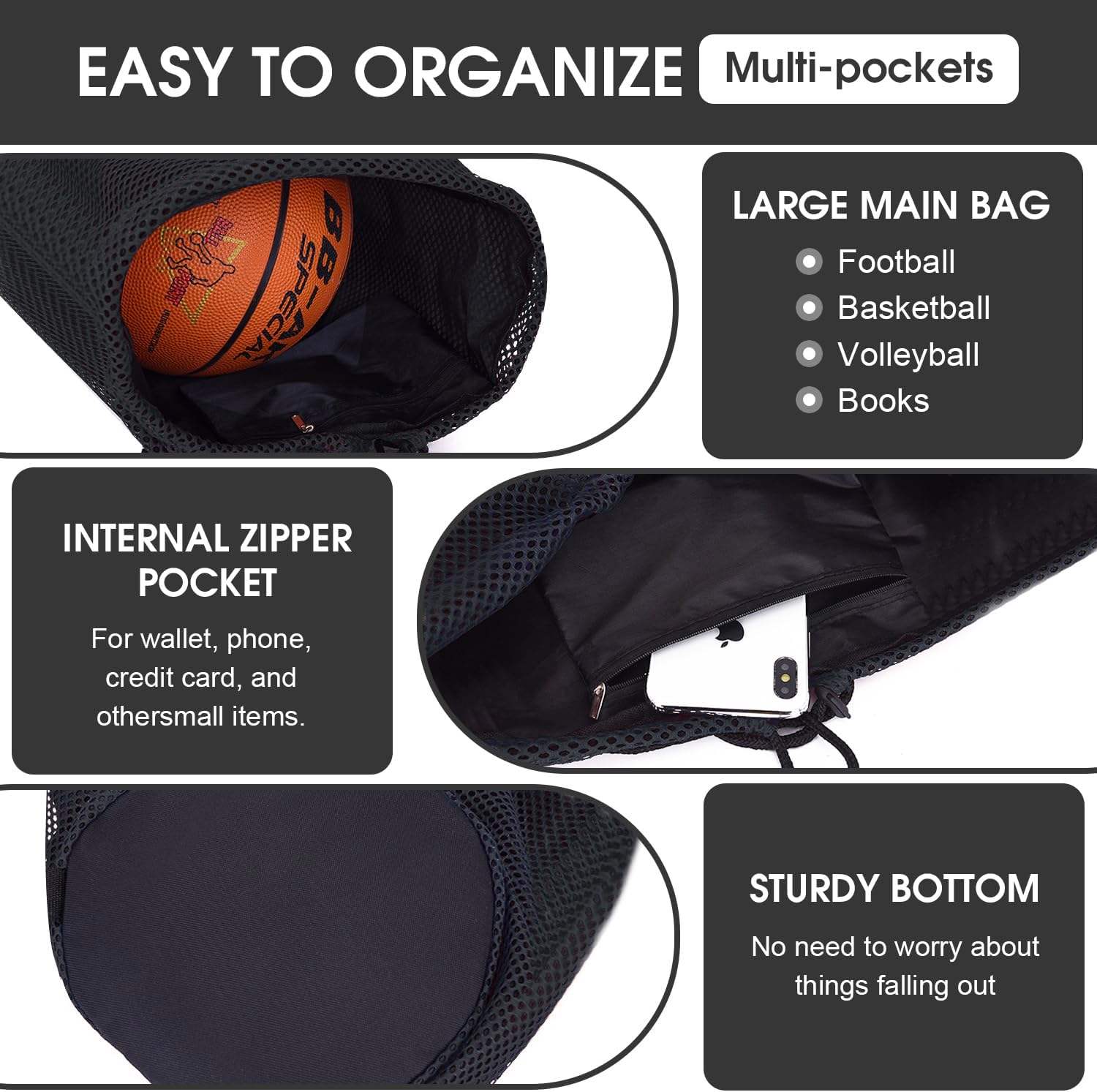 Sonicefit Drawstring Backpack Basketball Bag, Foldable Sports Sackpack Gym Bag for Boys Girls, Lightweight Gym Sack String Bag Cinch Beach Swim Bag for Travel Soccer Football Rugby Swim image number 2