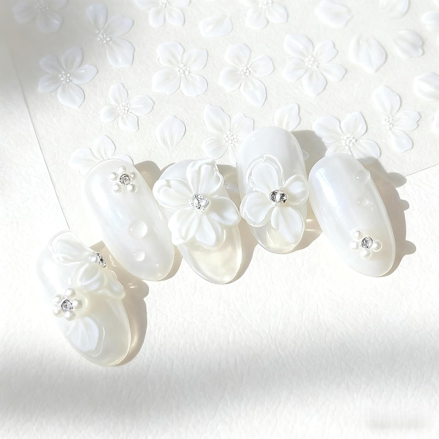 Surnavik Flower Nail Stickers for Women Girls - 5D Embossed White Flower Nail Art Supplies for Spring Summer（White&Yellow） (White)