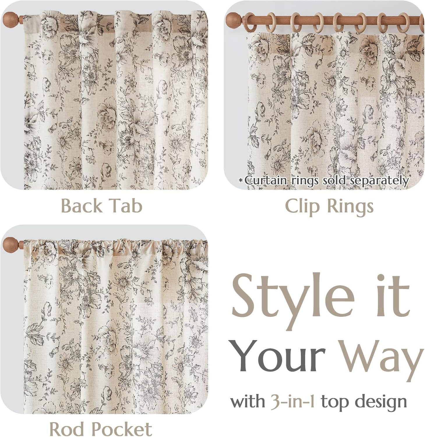 JINCHAN Linen Floral Curtains for Living Room Bedroom Black Printed Curtains Rod Pocket Back Tab Farmhouse Peony Flower Patterned Drapes Set of 2 Panels,Each W127Cm X D213Cm image number 4