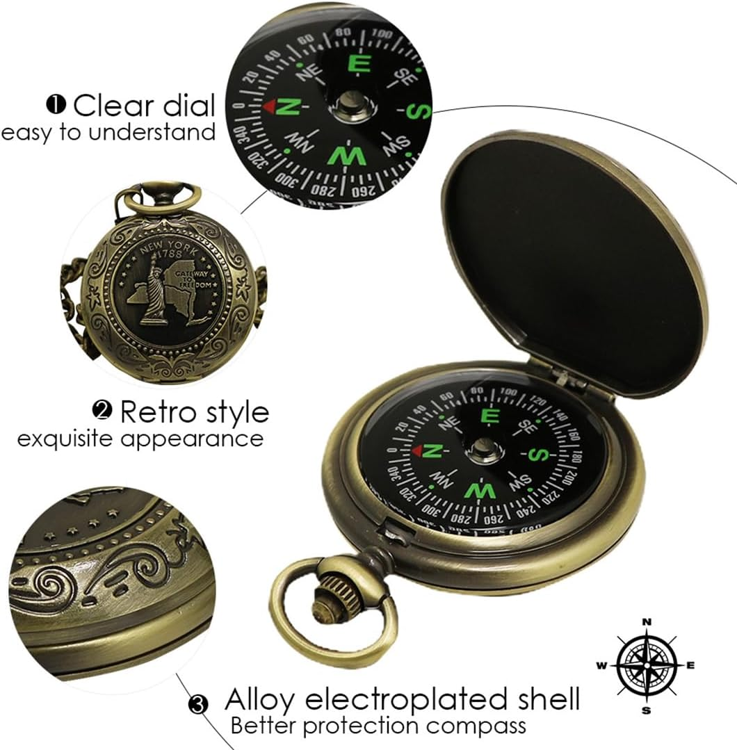 Retro Zinc Alloy Compass - Classic Portable Marching Compass with Fluorescent Indicator for Hiking, Camping, Riding - Survival Equipment and Tools - Gift Idea image number 4