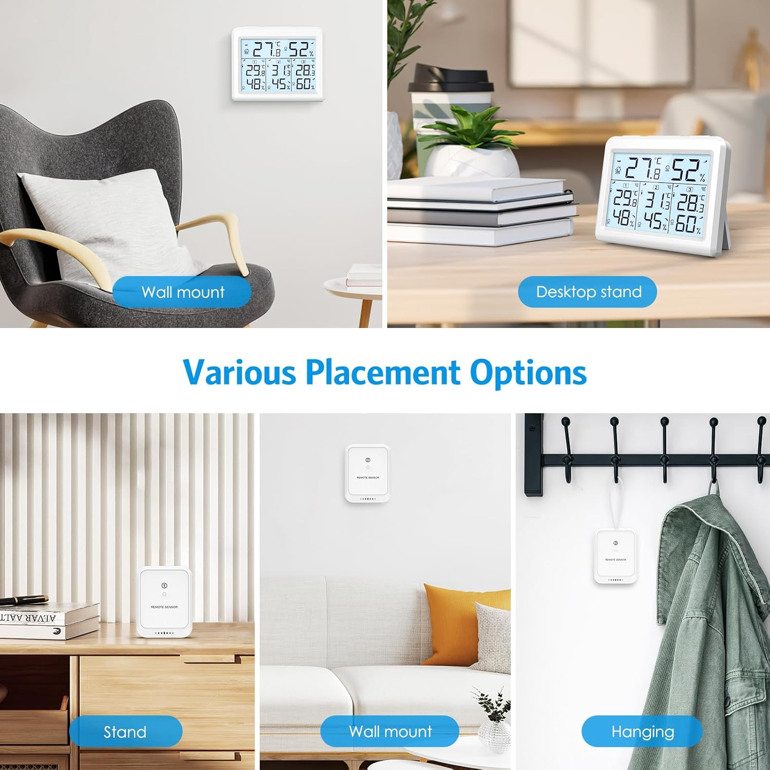 AMIR Indoor Outdoor Thermometer, 3 Channels Digital Hygrometer Thermometer with 3 Sensor, Temperature Humidity Monitor with LCD Display, Wireless Humidity Gauge for Home, Baby Room image number 6