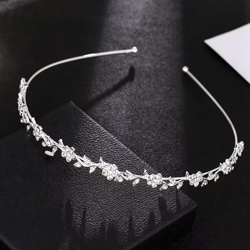 2 Pieces Rhinestone Bridal Crystal Women'S Headband Wedding Flower Girl Pearl Diamond Slim Thin Silver Flower Leaves Crown Hair Band Accessories Headpiece Tiara for Bride Bridesmaids image number 4