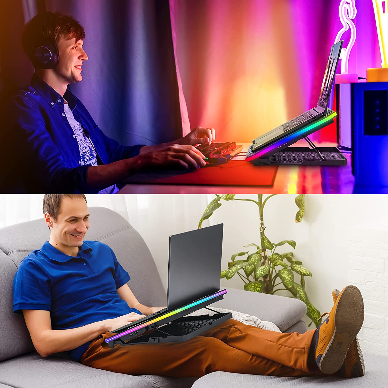 Topmate C12 Laptop Cooling Pad RGB Gaming Notebook Cooler for Desk and Lap Use, Laptop Fan Stand 8 Adjustable Heights with 6 Quiet Fans and Phone Holder, for 15.6-17.3 Inch Laptops-Ice Blue LED Light