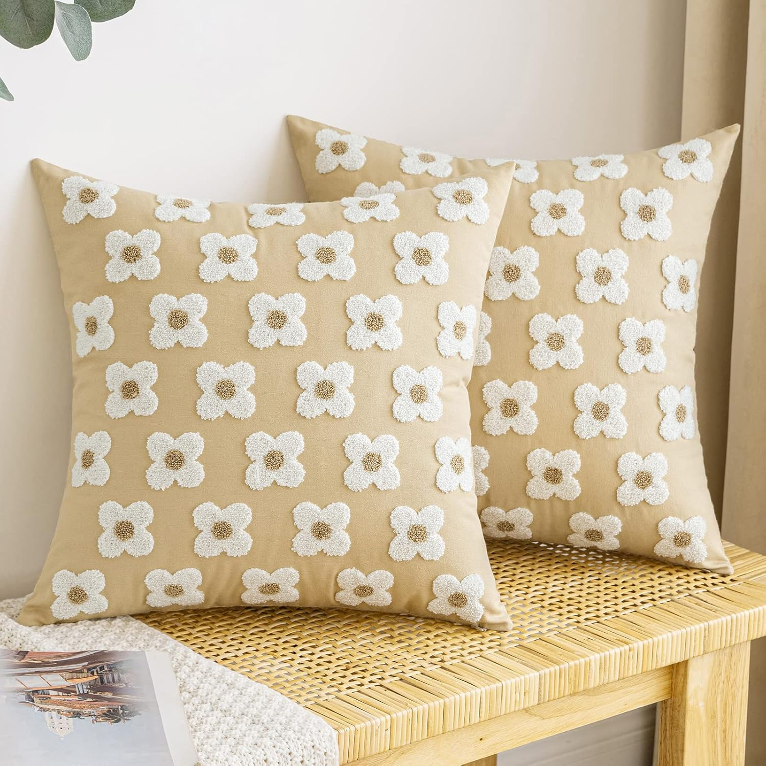 EMEMA Decorative Throw Pillow Covers Sun Flower Jacquard Pillowcase Cushion Case Square for Couch Sofa Bed Living Room Bedroom Set of 2, 18X18 Inch, Beige