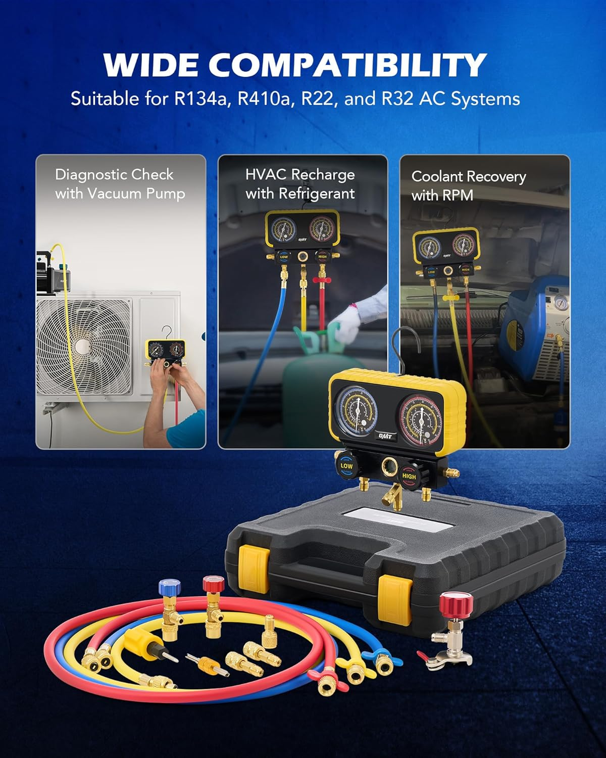 R410A Manifold Gauge Set with 3 Hoses, Safety Valves, Adapters, Universal Can Tap - AC Recharge Kit image number 5