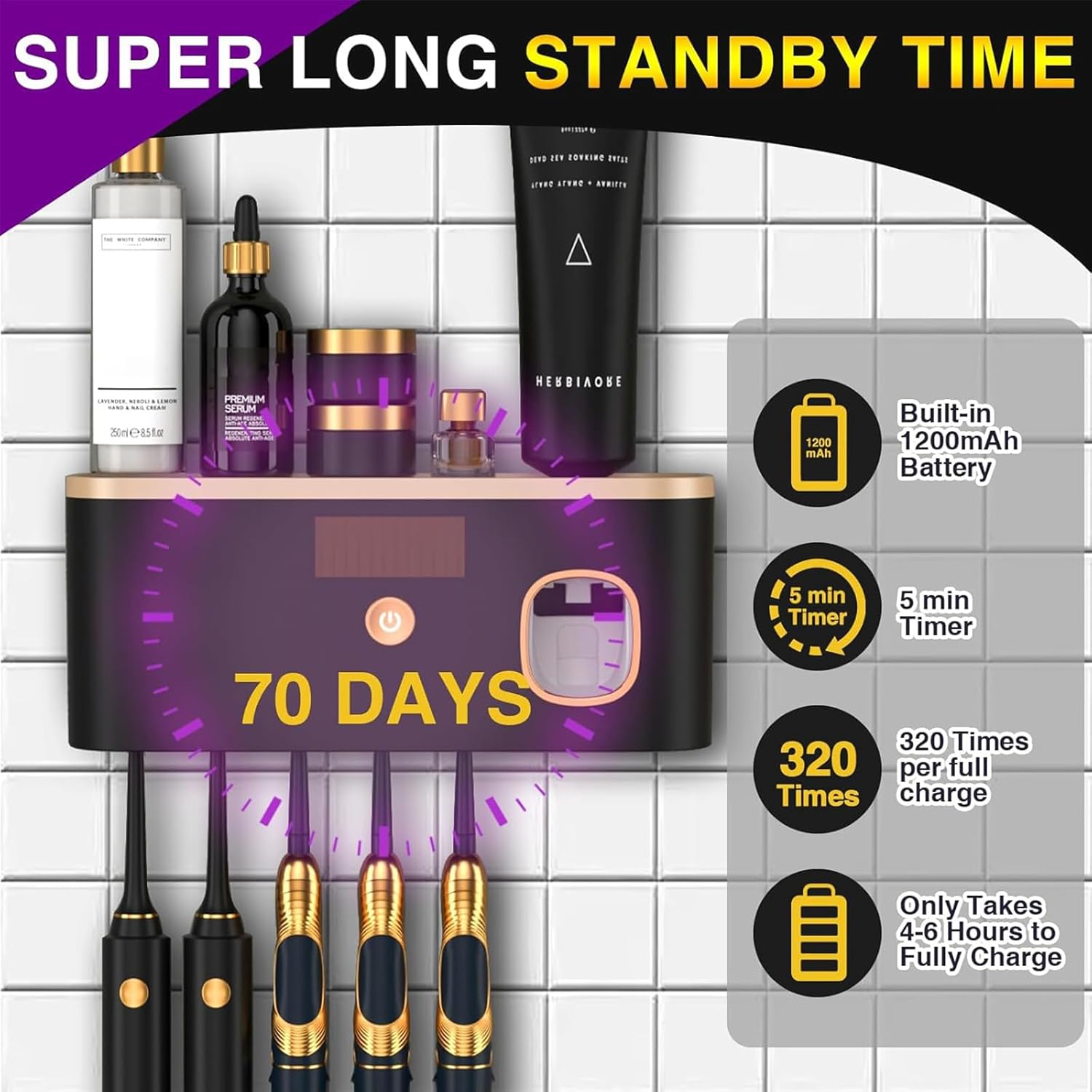 Toothbrush Cleaner & Holder, Wall Mounted Tooth Brushing Holder with Toothpaste Dispenser, Cleaning and Air Drying, Rechargeable UV Toothbrush Holder for Bathrooms image number 6