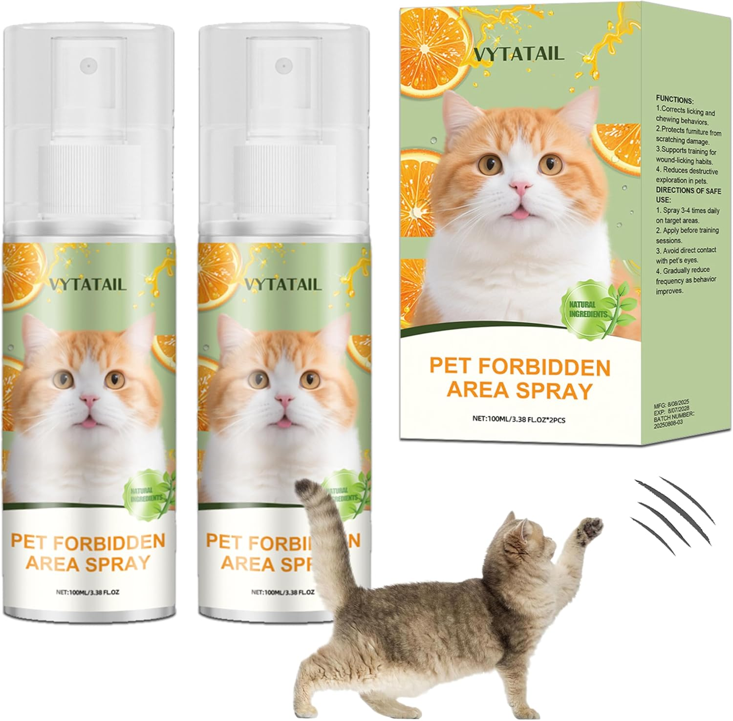 Cat Deterrent Spray 2 Pack- Natural Cat Spray Deterrent for Urine Marking & Scratching - Eco Friendly, Safe to Use around Children, Pets, Furniture and Fabric, Works Indoor & Outdoor（100Mlx2） 2 image number 5