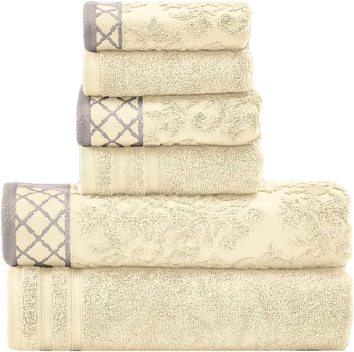 Modern Threads 6-Piece Damask Jacquard/Solid Ultra Soft 550GSM 100% Combed Cotton Towel Set with Embellished Borders [Sage]