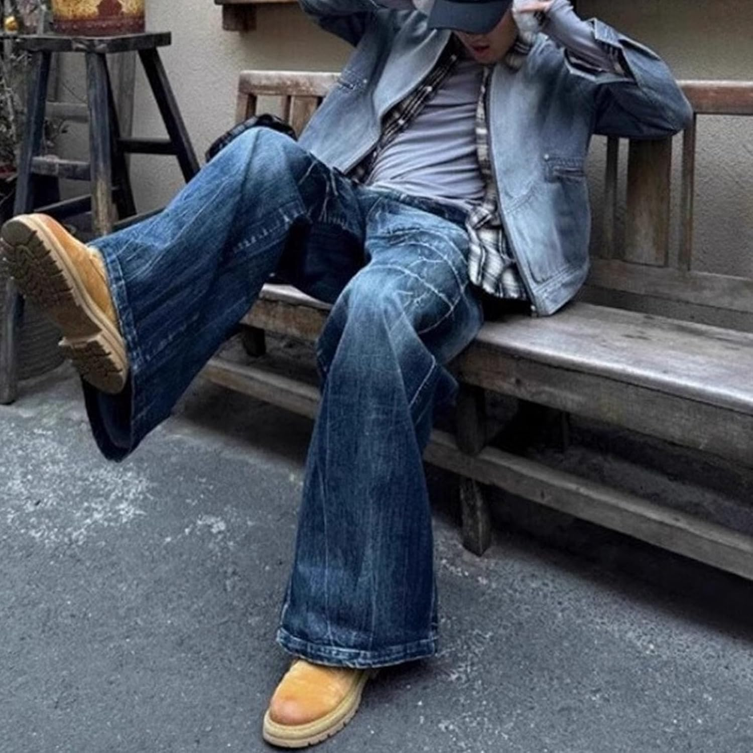 Zylphorix Men Washed Old Wide Leg Jeans Loose Crack Straight Denim Pants Y2K High Street Casual Fashion Trousers, Blue, X-Large image number 6