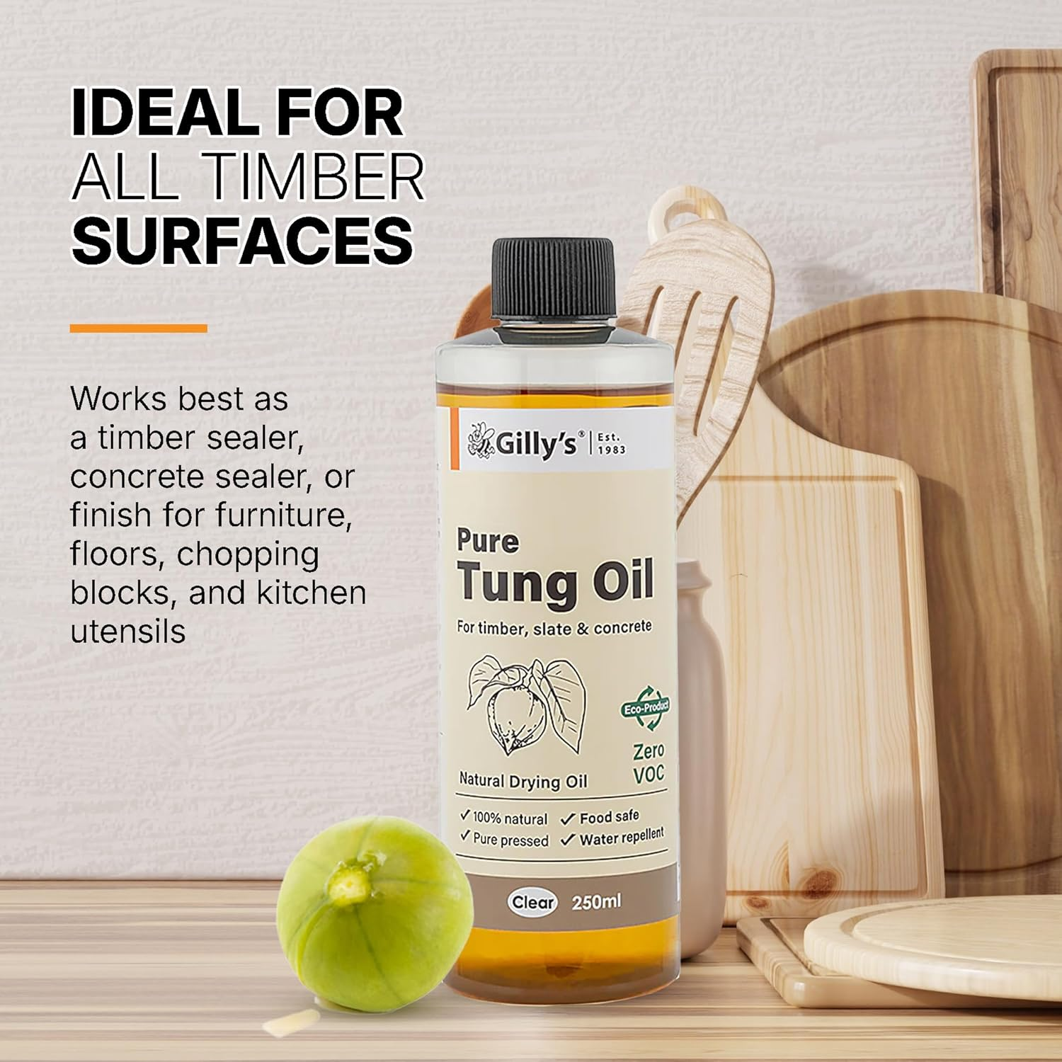 Gilly&rsquo;S Pure Tung Oil 250Ml | Seals & Protects, Food Safe for Non-Toxic Application, Indoor/Outdoor Furniture, Timber, Woodworking & Kitchen Surfaces | Natural, No Additives or Petrochemicals image number 1
