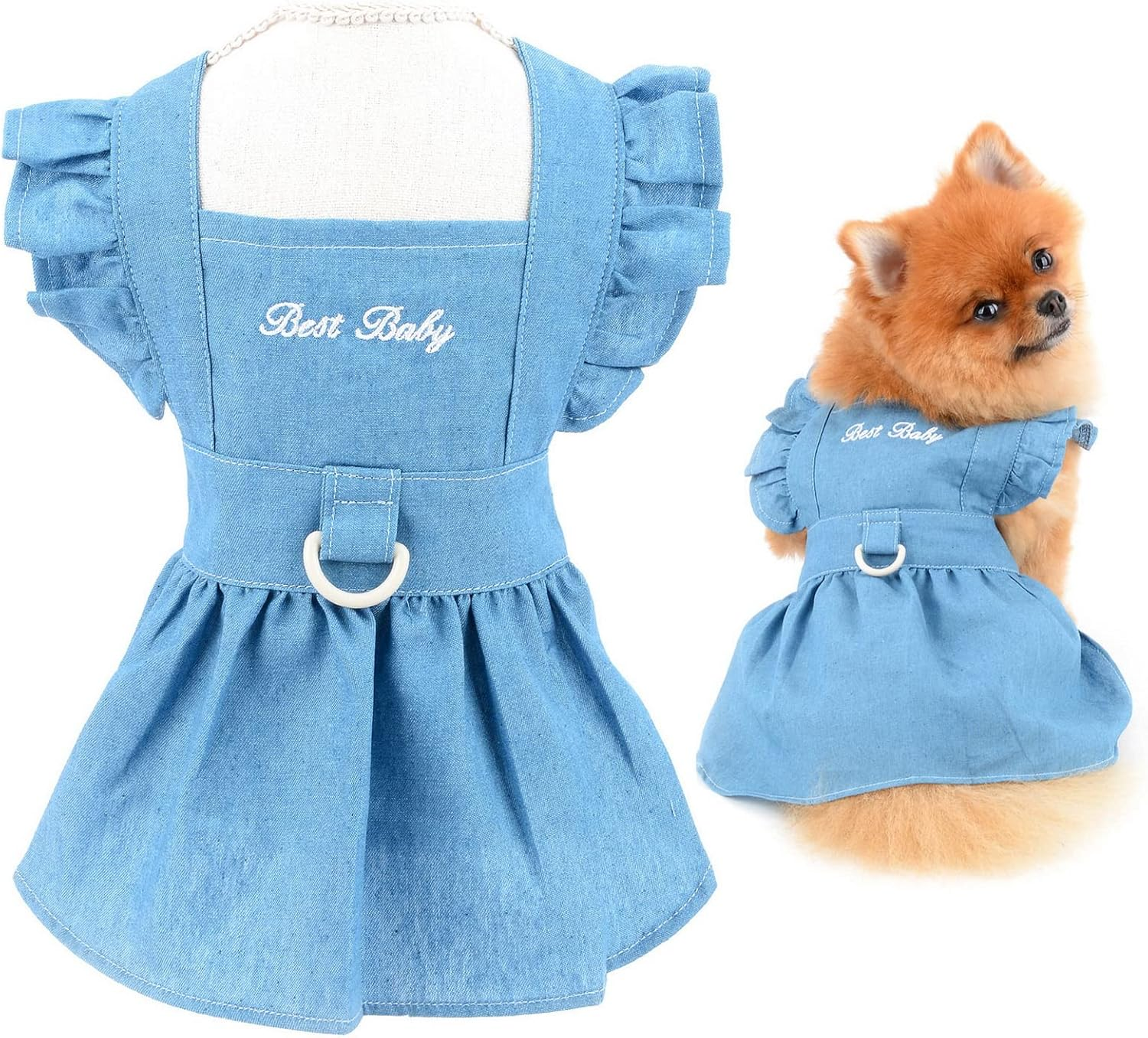 SMALLLEE_LUCKY_STORE Dog Denim Harness Dress, Ruffles Puppy Princess Dress for Small Medium Dog Cat Girls Adjustable Pet Jean Skirt with D-Ring Female Dog Clothes Summer Apparel,Light Blue,S