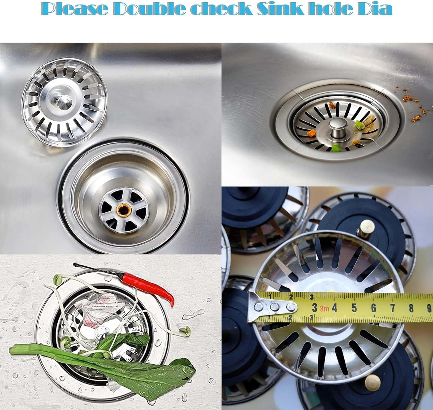 2 Pack Sink Strainer Plug, 79Mm 304 Stainless Steel Kitchen Sink Waste Plug Drain Stopper Basket Filter, Rust-Proof Strainer for Kitchen & Bathroom Sink Drainage image number 5