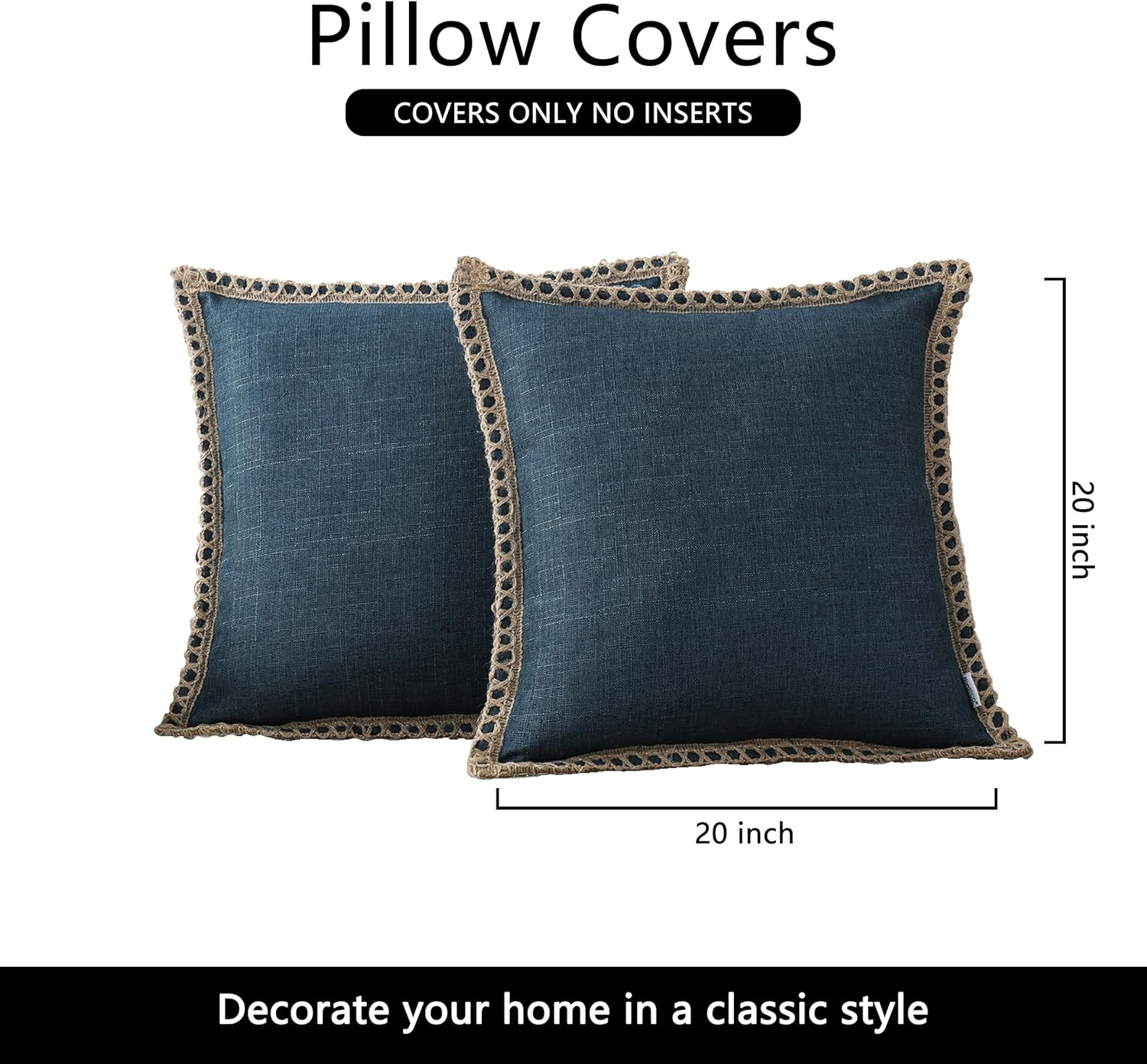 Nordeco HOME Set of 2 Throw Pillow Covers - Burlap Linen Trimmed Tailored Edges Decorative Cushion Covers for Bed Home Decoration, 20 X 20 image number 1