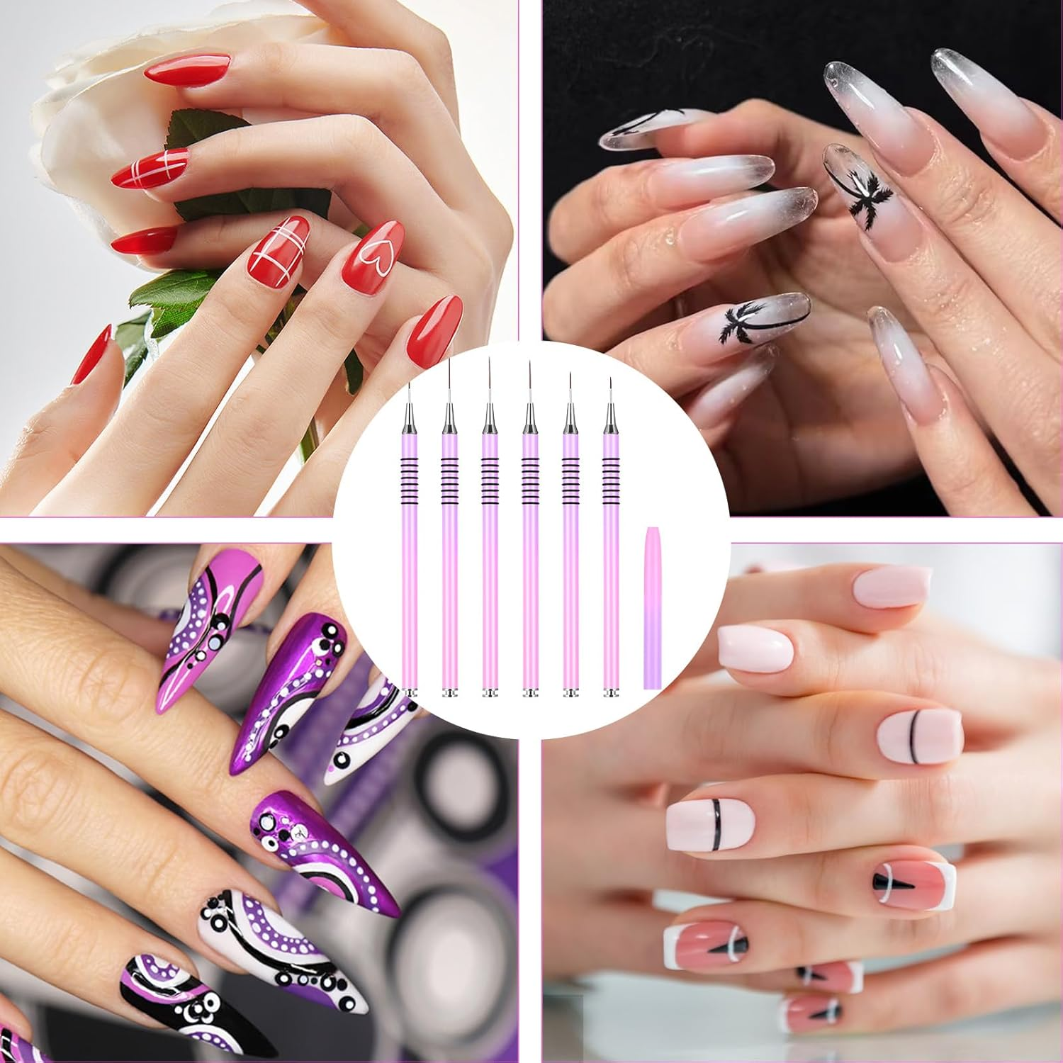 6 Pcs Nail Art Liner Brushes, Nail Art Design Brush Metal Handle Striper Brushes Nails Arts Tools with Striping Nails Arts Brush for Long Lines Thin Details Drawing 5/7/9/11/20/25Mm (Gradient) image number 1