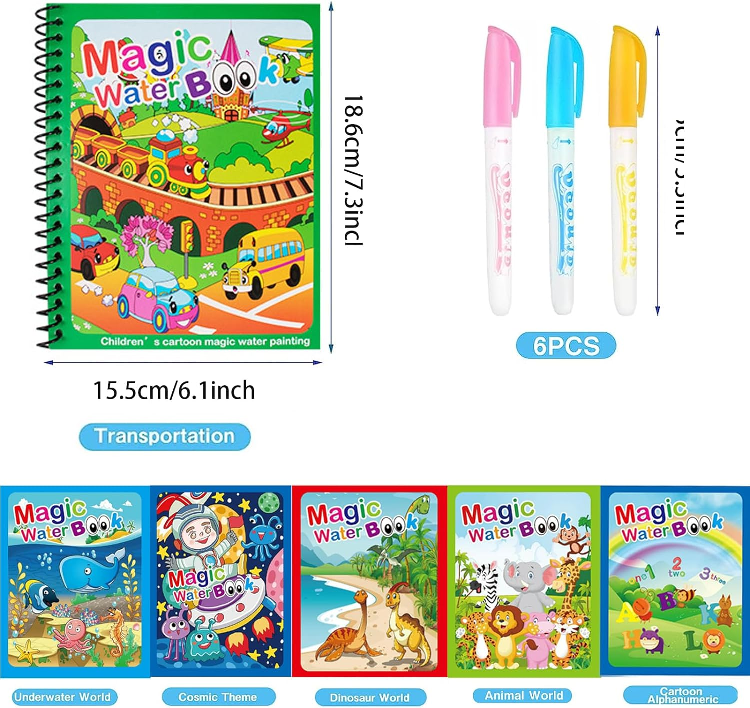 MYLEUS 6 Set Water Drawing Books for for Kids, Kids Montessori Toys Reusable Magic Water Coloring Book Magica Drawing Books Painting Toys Toddler Early Education Toys for Kids 3-6(Pen Random Color)