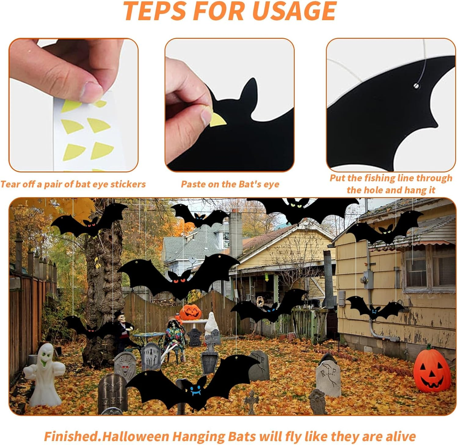 12 Pcs Hanging Bats Halloween Decorations Outdoor, Large Flying Plastic Bats Outdoor Halloween Decorations, 3 Different Size with Glowing Eye Stickers for Hanging in Tree, Yard, Porch, Lawn, Indoor image number 1