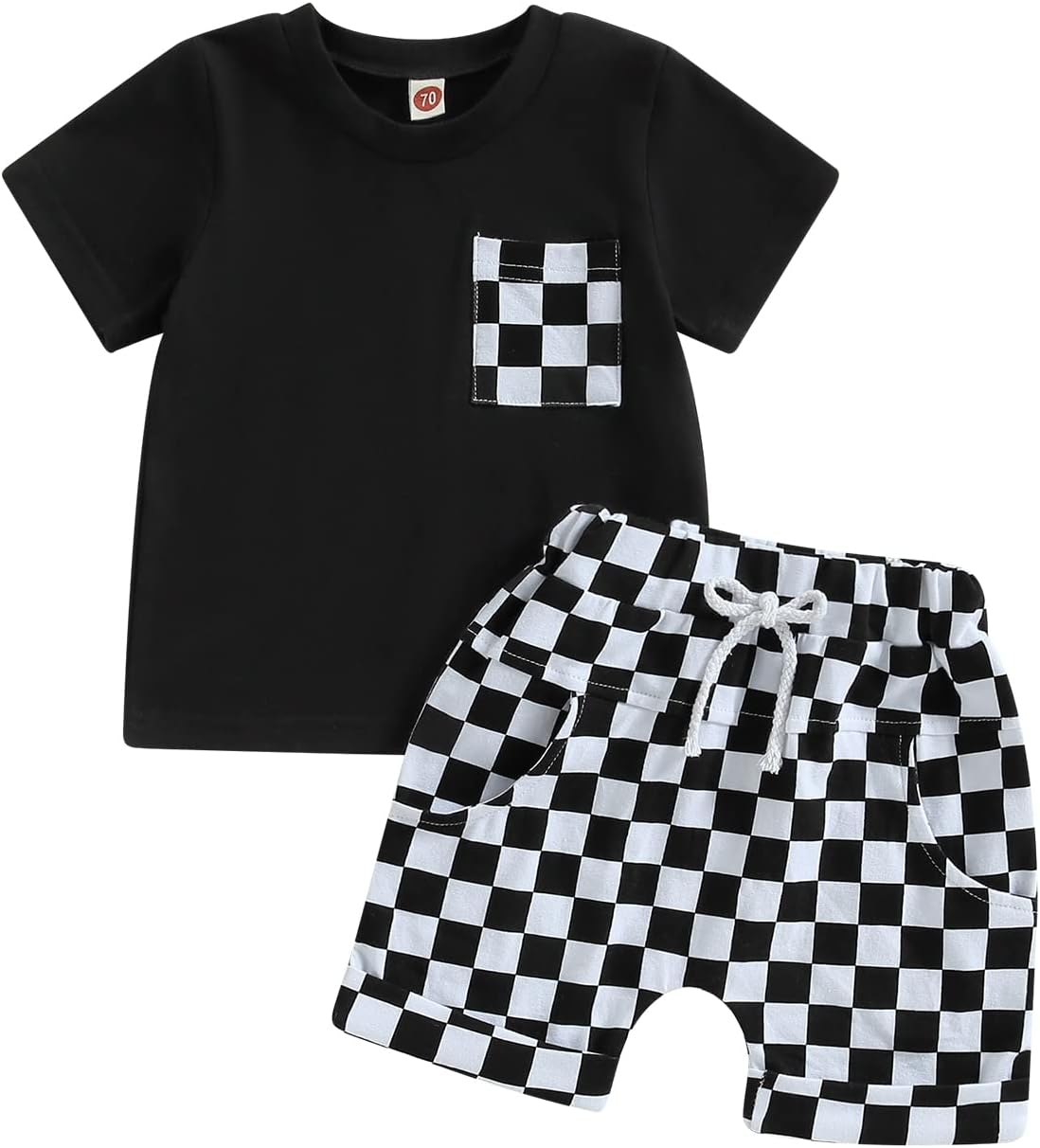 Karuedoo Baby Boy Girl Summer Outfits Checkered Plaid Short Sleeve T-Shirt Top Shorts Set Trendy Toddler Checkerboard Outfit image number 5