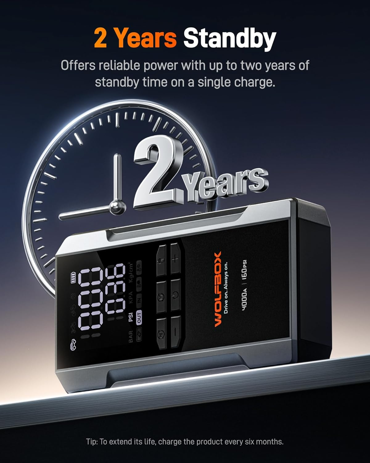 WOLFBOX Jump Starter with Air Compressor 4000A, Portable Tire Inflator, 160PSI, 65W Fast Charge, LED Display, 12V Car Battery(10L Gas & Diesel Engines) with Booster, LED Light, Jumper Cables image number 5