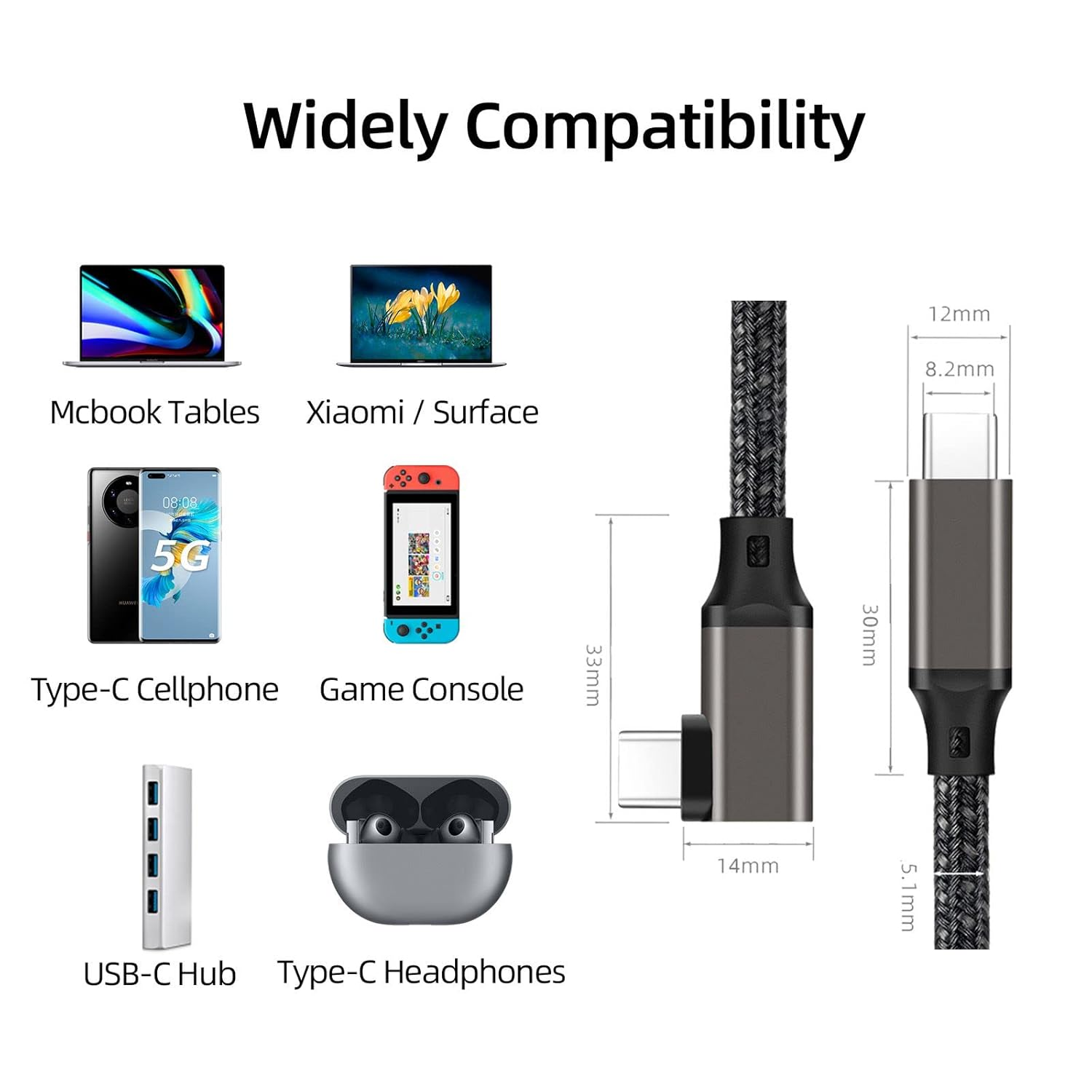 USB C to USB C 3.2 Gen2 20Gbps PD 100W Cable [3.3Ft Nylon Braided L-Shape], Sisyphy 4K@60Hz Monitor Video Cable Compatible with Surface, Macbook Pro/Air, Ipad Pro, Pixel and More Type-C Devices image number 1