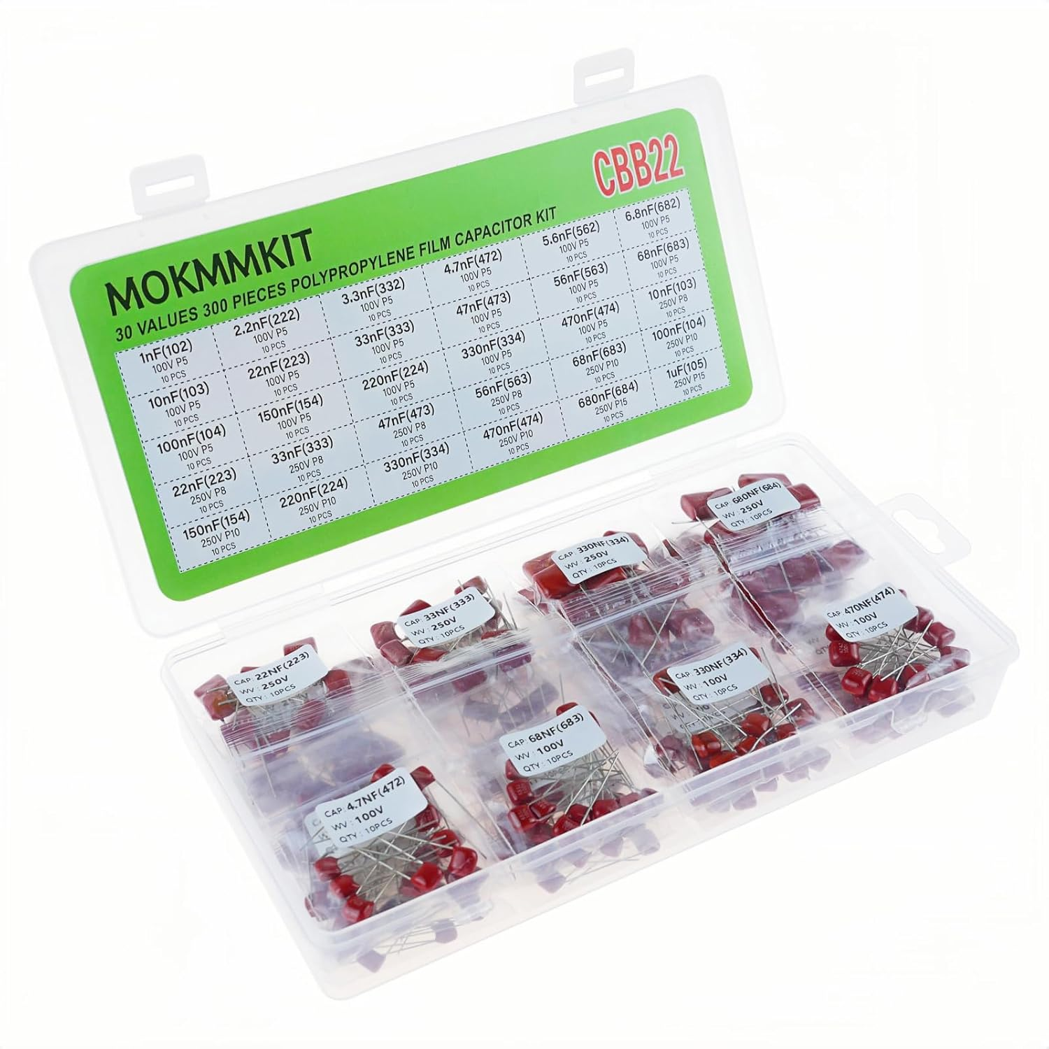 30 Values 300 PCS Metallized Polypropylene Capacitor Kit CBB22 100V-250V Polyester Film Capacitor image number 1