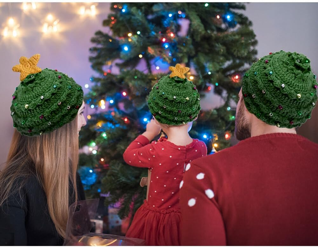 Unisex Christmas Winter Knitted Crochet Beanie Bearded Caps Christmas Tree Knit Hat Warm Hat Green with Stars