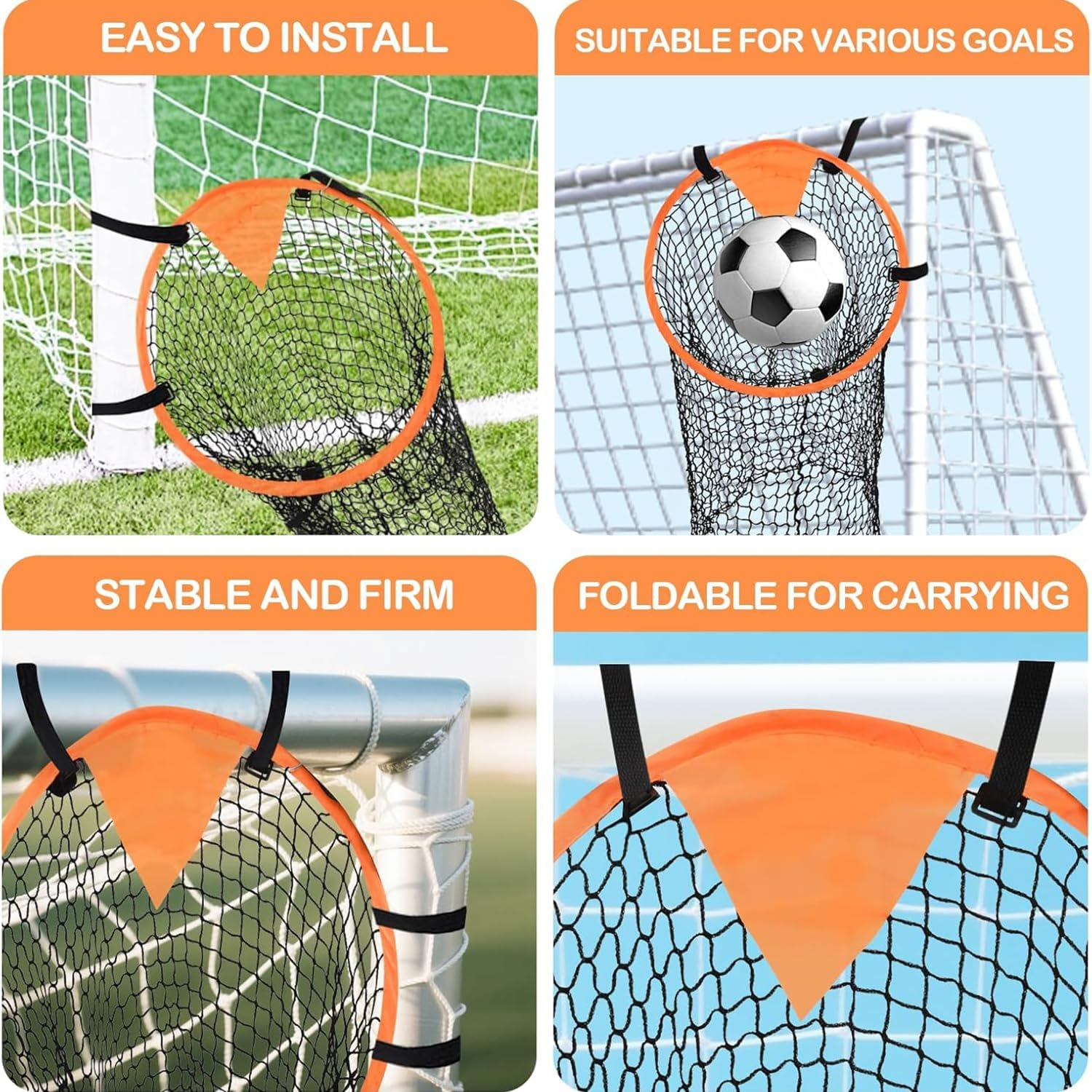 3 Pcs Football Goal Target Bag, Soccer Training Net Corner Soccer Train Goal Easy to Attach and Detach, Buckle - Adjustable Rope Strap, Bullseye for Precise Training（Blue, Orange, Yellow image number 2