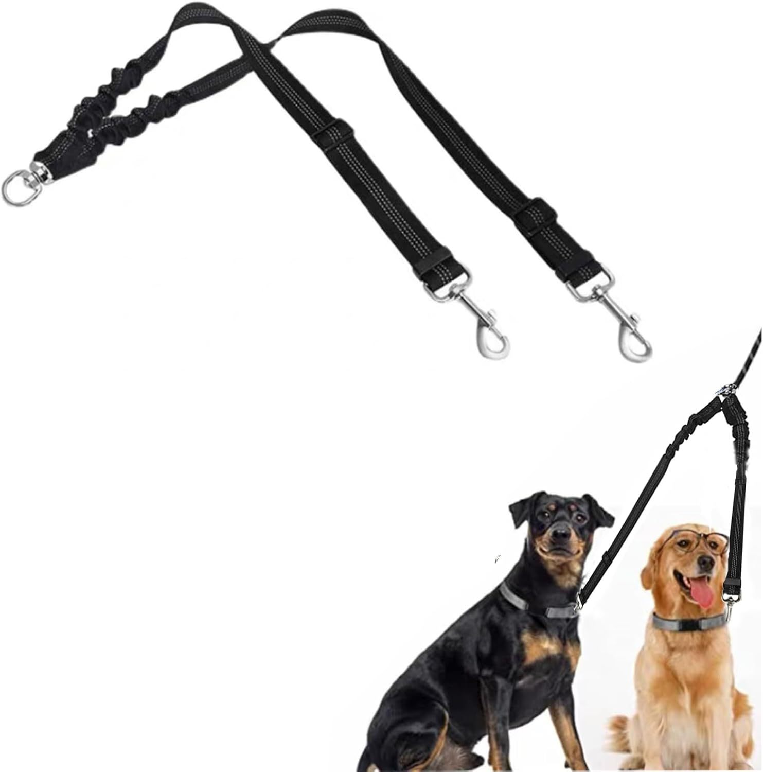 Double Dog Lead for Walking 2 Dogs No Tangle 360&deg; Swivel Reflective Dual Leash with Double Clip for Dogs image number 6