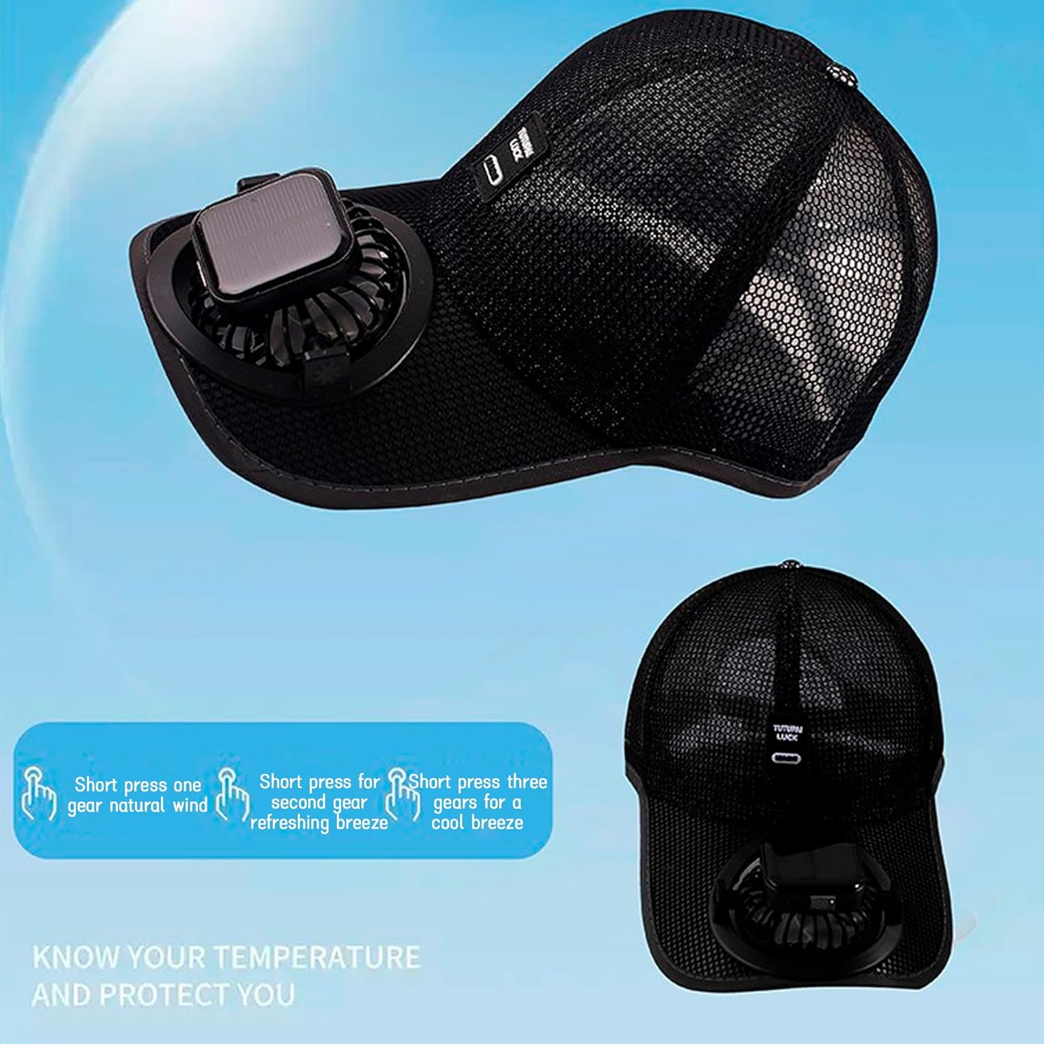 Emesak Baseball Cap with Solar Powered Fan, Adjustable Cooling Sun Hat - Peaked Caps with Mesh Breathable, Golf Gardening Sports Travel Beach Hiking Outdoor Activities Black image number 1