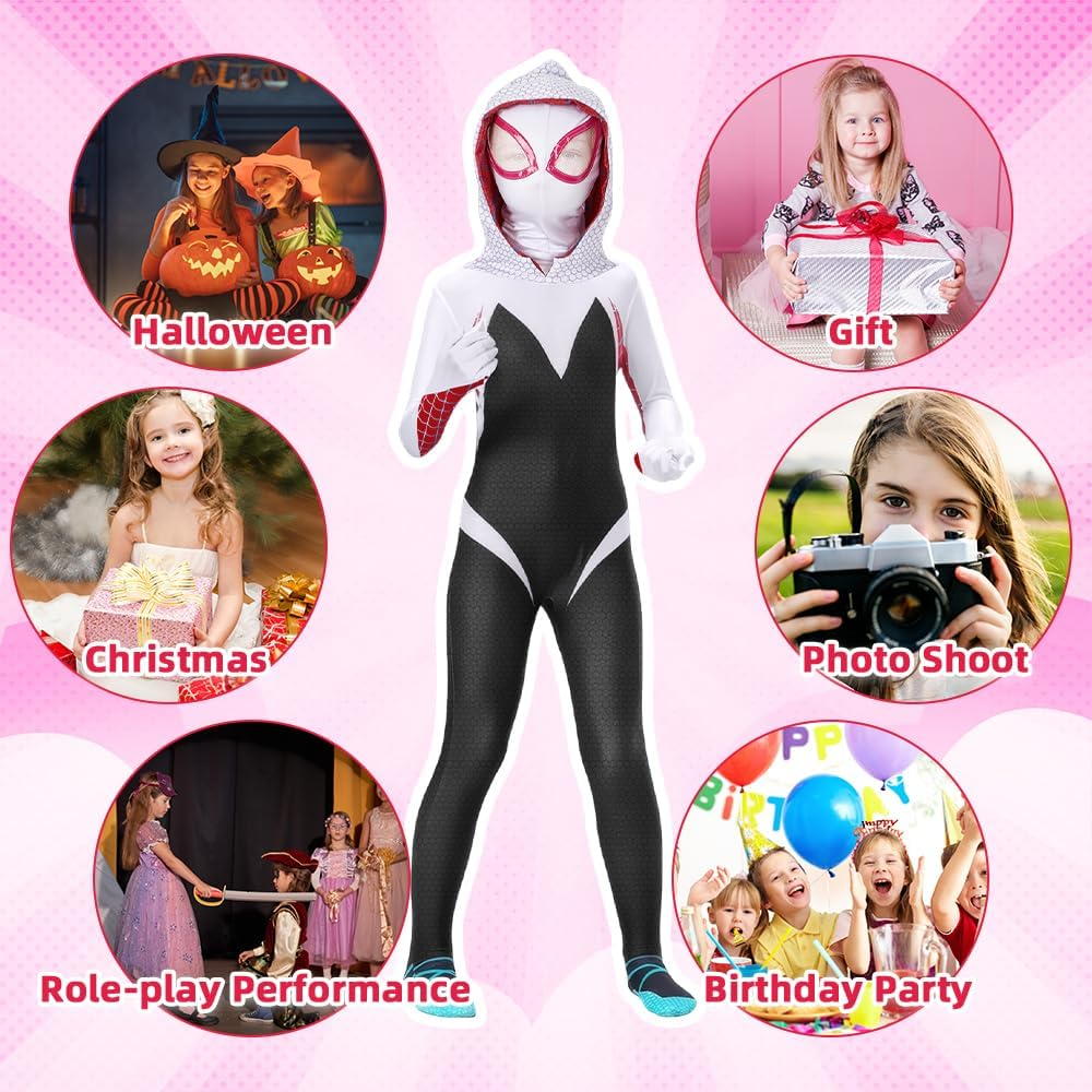 Slowton Girls' Superhero Halloween Costume, Superhero Hooded Bodysuit with Pull on Mask for Halloween Dress up Super Hero Cosplay