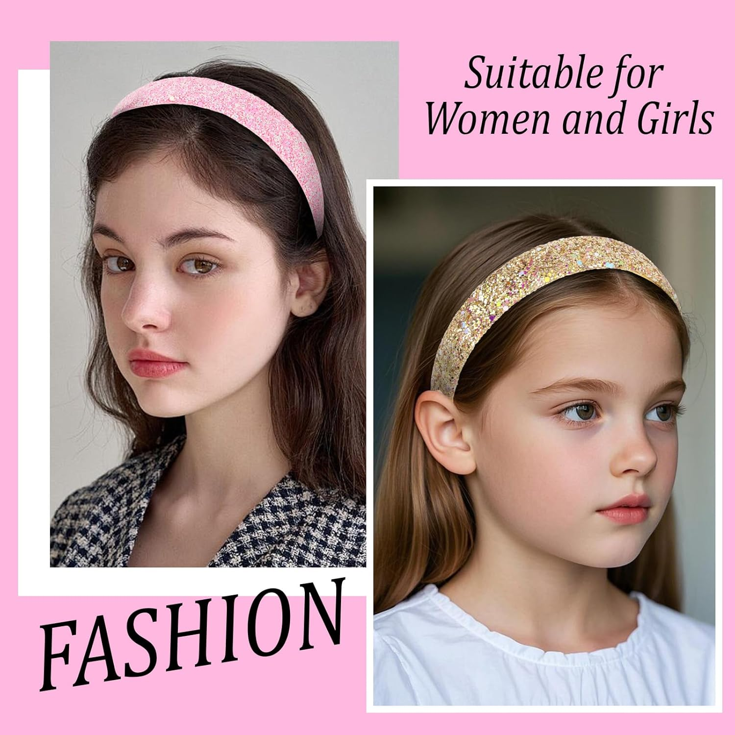 Uintoon Girls Headbands, 3PCS Headbands for Girls Women Glitter Gold Rainbow Pink Headband Sparkly Sequin Headband Hair Accessories image number 2