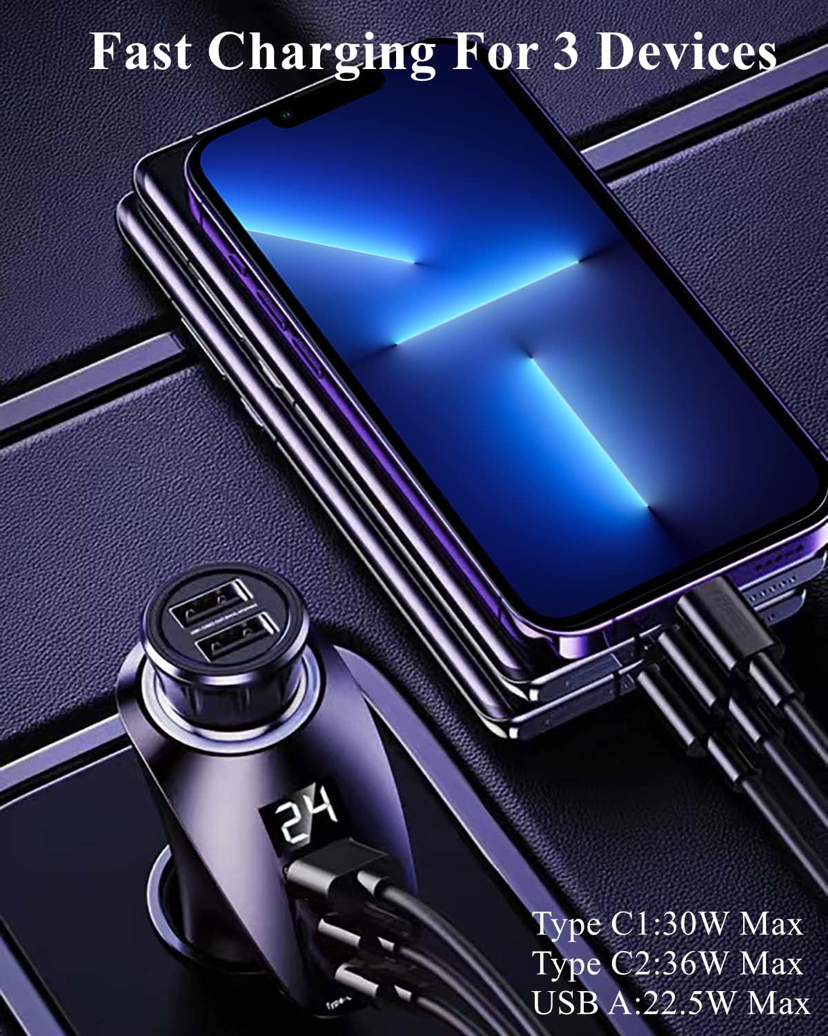 [PD36W&QC22.5W] Car Charger Adapter, 5 in 1 USB Car Phone Charger Multi Port, [Voltage Display] 12V/24V Car Adapter Compatible with Iphone 16/15/14/13/12/11/X,Ipad,Macbook,Samsung S22/S21, Etc image number 5