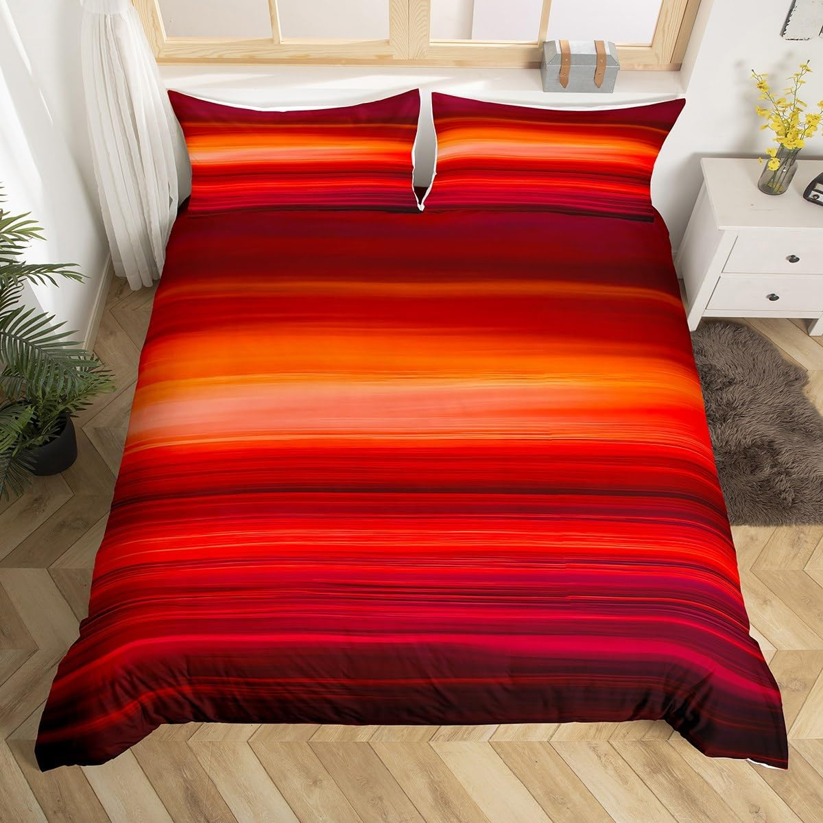Red Print Comforter Cover Sunset Color Bedding Set Red Tropical Exotic Stripe Duvet Cover for Children Kids Boys Girls Microfiber Modern Design Bedspread Cover Room Decor Bedclothes Queen Size