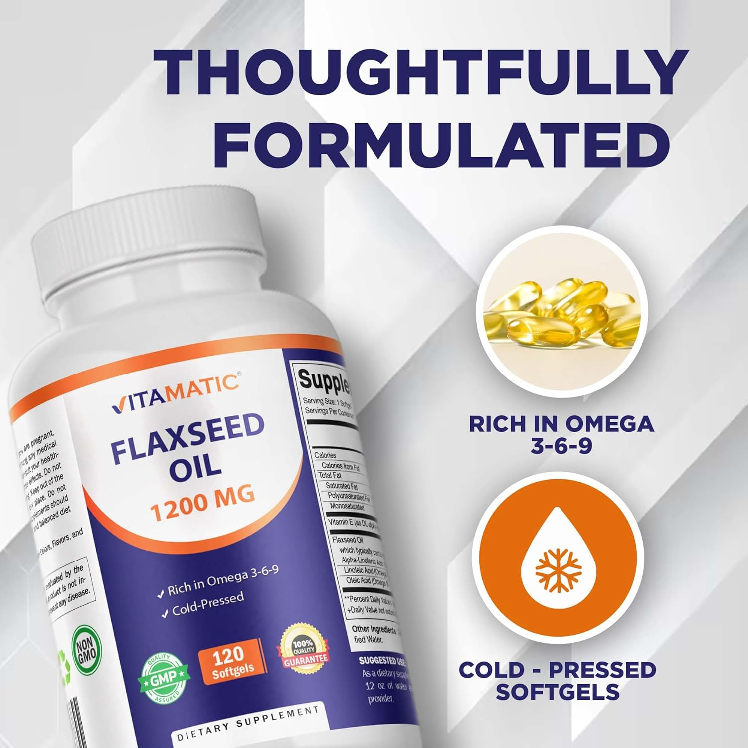 Vitamatic Flaxseed Oil 1200Mg 120 from Cold Pressed Flax Seed - 675 Mg of ALA Omega 3 Fatty Acids for Improving Heart Health image number 6