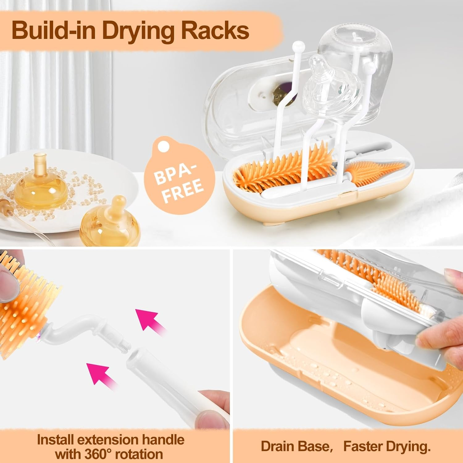 Baby Bottle Brush Set,Travel Bottle Cleaner Kit with UV Light,Silicone Bottle Brush,Nipple Brush,Straw Cleaner,Drying Rack,Baby Bottle Brushes for Cleaning,Baby Essentials for Home and Travel,Orange image number 3