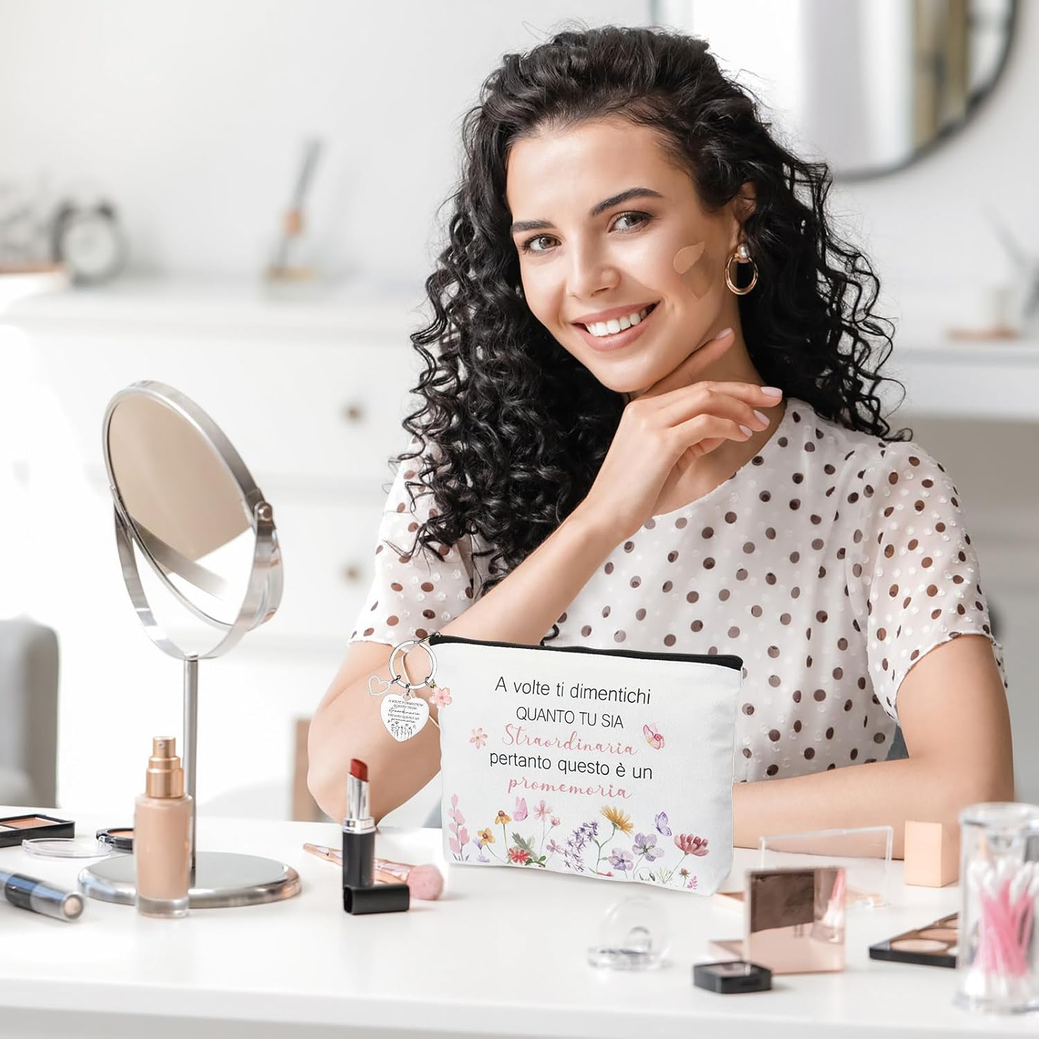 Xuniea Set of 2 Motivational Gift Set for Women Friends Colleagues Inspirational Cosmetic Bag with Floral Pattern Keyring with Flower Pendant for Teacher Birthday School Graduation Farewell