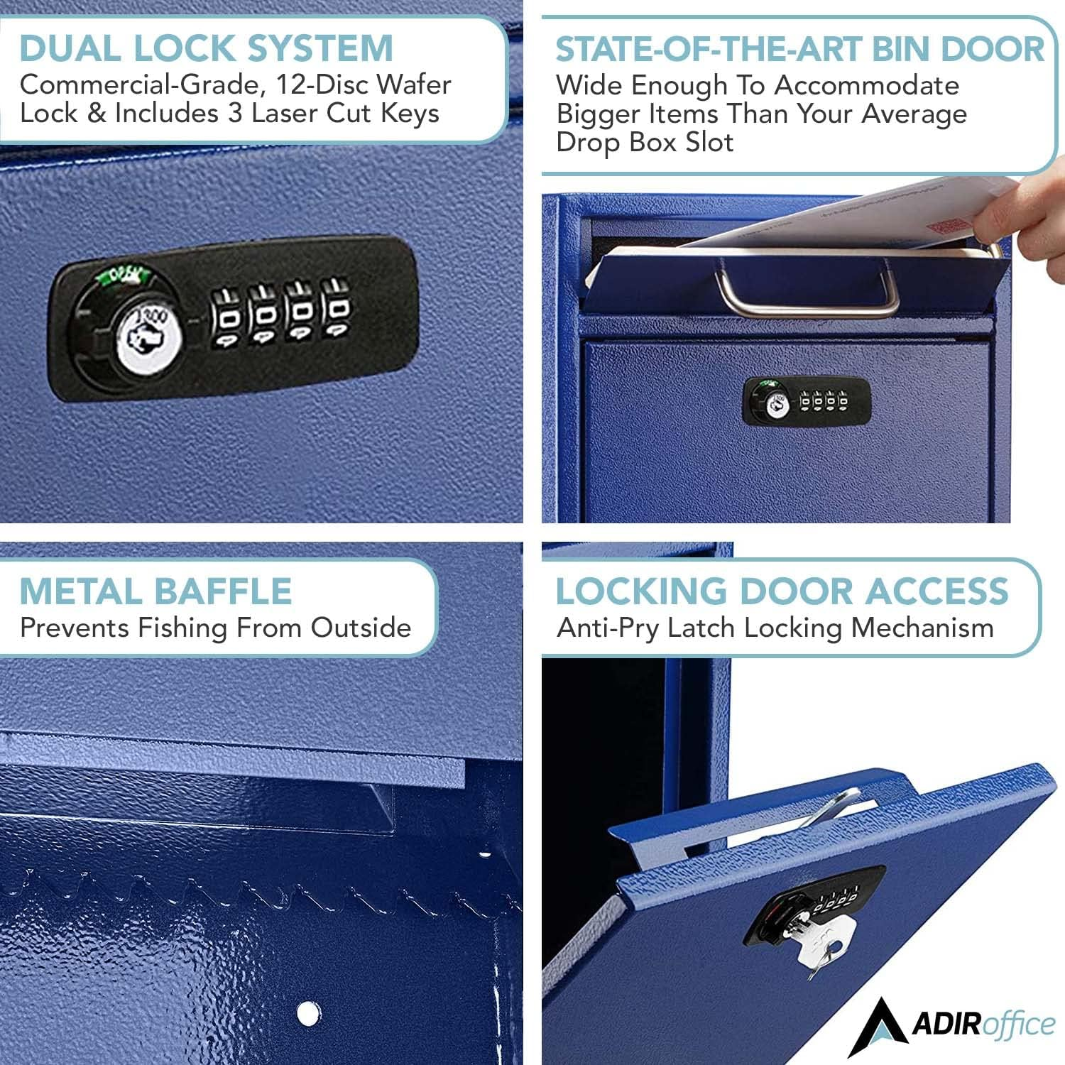 Adiroffice Ultimate Drop Box Wall-Mounted Mailbox - Hanging Secured Postbox - Durable Spacious Key or Combination Lock Box Perfect for after Hours Deposits Payments Key and Letter Drops (Medium, Blue)
