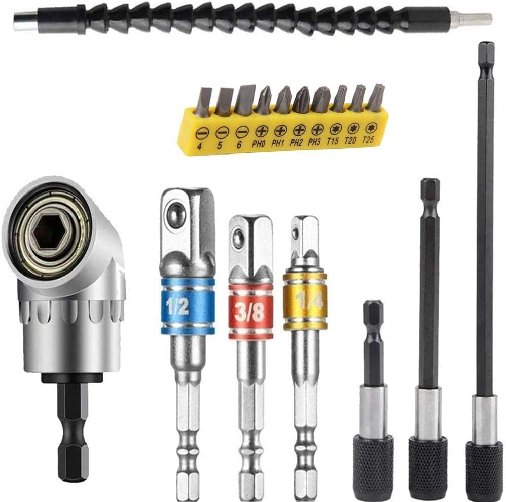 Flexible Drill Bit Extension Set, Includes 105C Right Angle Drill, Bendable Drill Bit Extension, 3Pcs 1/4 3/22Cm Universal Socket Adapter Set, 3Pcs Drill Bit Holder, Screwdriver Bit Kit image number 4