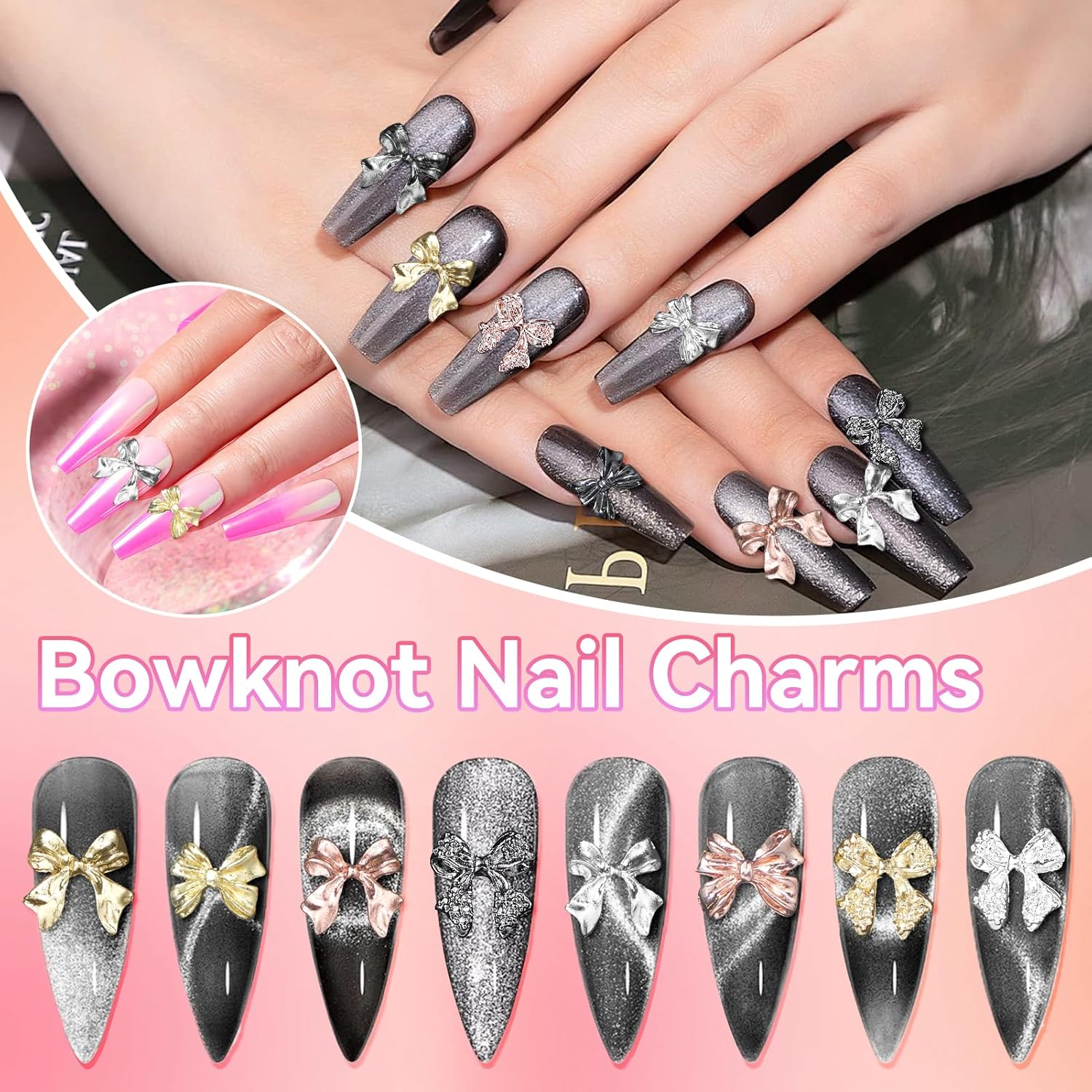 60 Pcs Metal Bow Nail Gems Charms, 3D Alloy Bow Bowkont Nail Charms for Acrylic Nails, 12 Styles Silver Gold Black Bows Nail Art Charms, Bow Nail Jewelry for Nails DIY Y2K Decoration image number 3