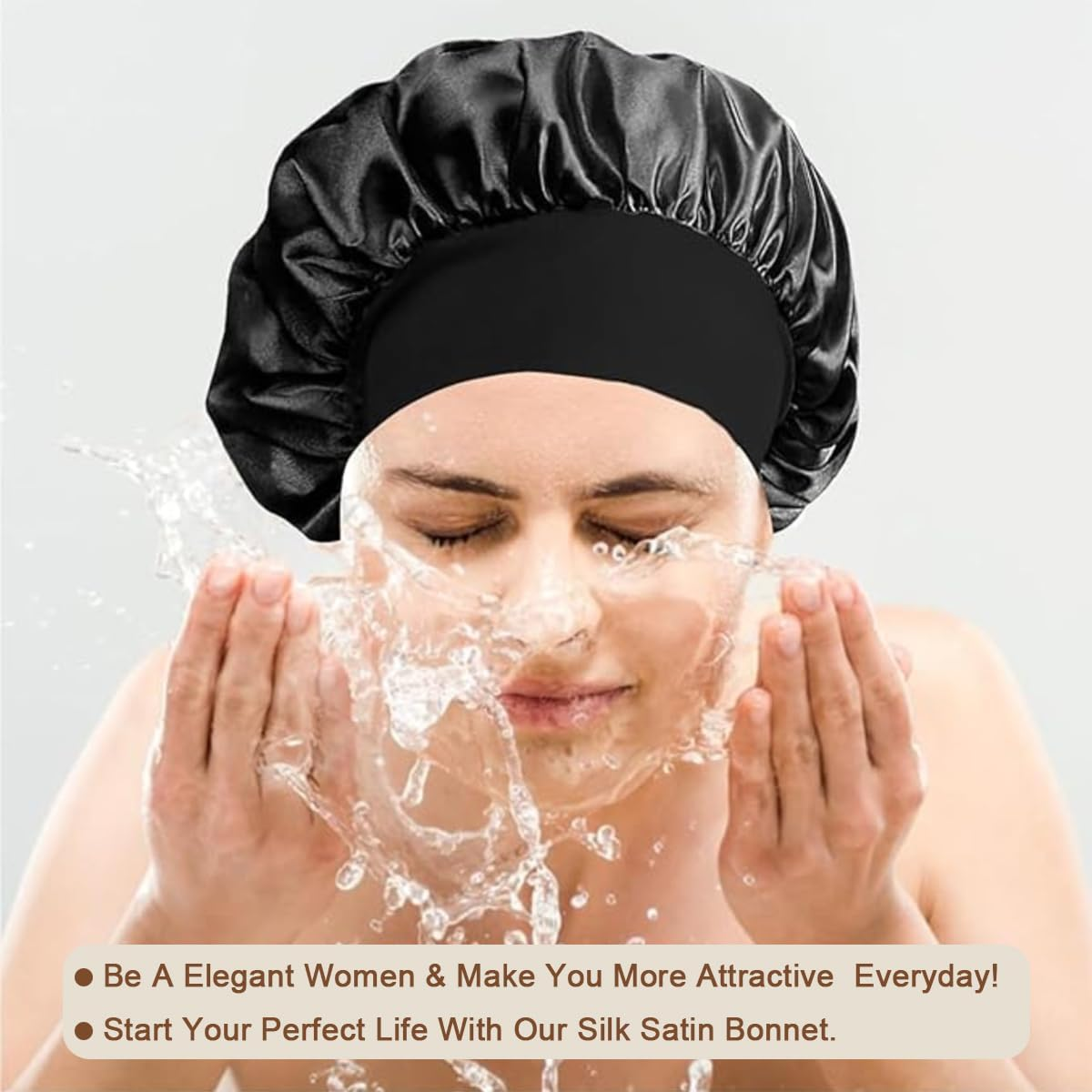 2PCS Silk Satin Bonnet for Sleeping, Soft Elastic Band Hair Bonnet for Women Curly Natural Hair, Double-Layer Silk Satin Sleeping Cap, Shower Cap for Women(Black&Golden) image number 2