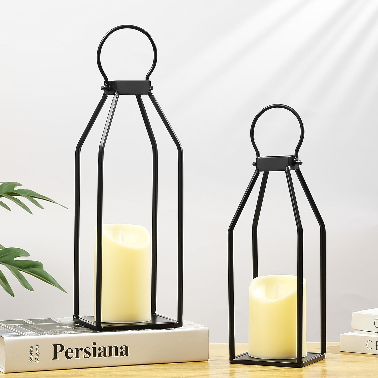 Perfnique Modern Farmhouse Lantern Decor, 39Cm X 11Cm Set of 2 Metal Lanterns, 2 LED 6Hr Timer Flickering Flameless Candles, Lanterns Decorative for Outdoor Decor, Home, Indoor, Patio (Black) image number 6