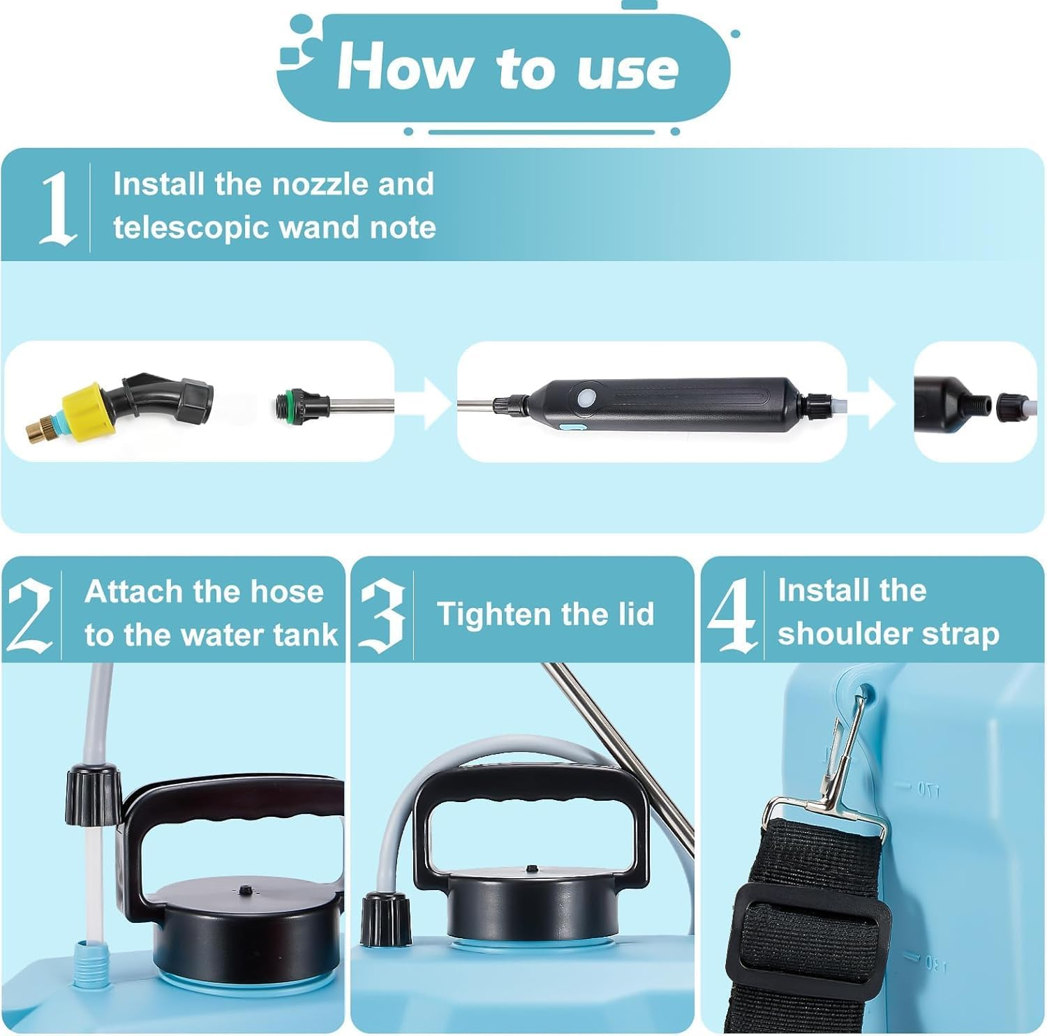 Battery Powered Sprayer 8L,Upgrade Electric Sprayer with 3 Mist Nozzles, USB Rechargeable Handle and Retractable Wand, Garden Sprayer with Adjustable Shoulder Strap for Lawn,Garden,Cleaning (Blue) image number 2