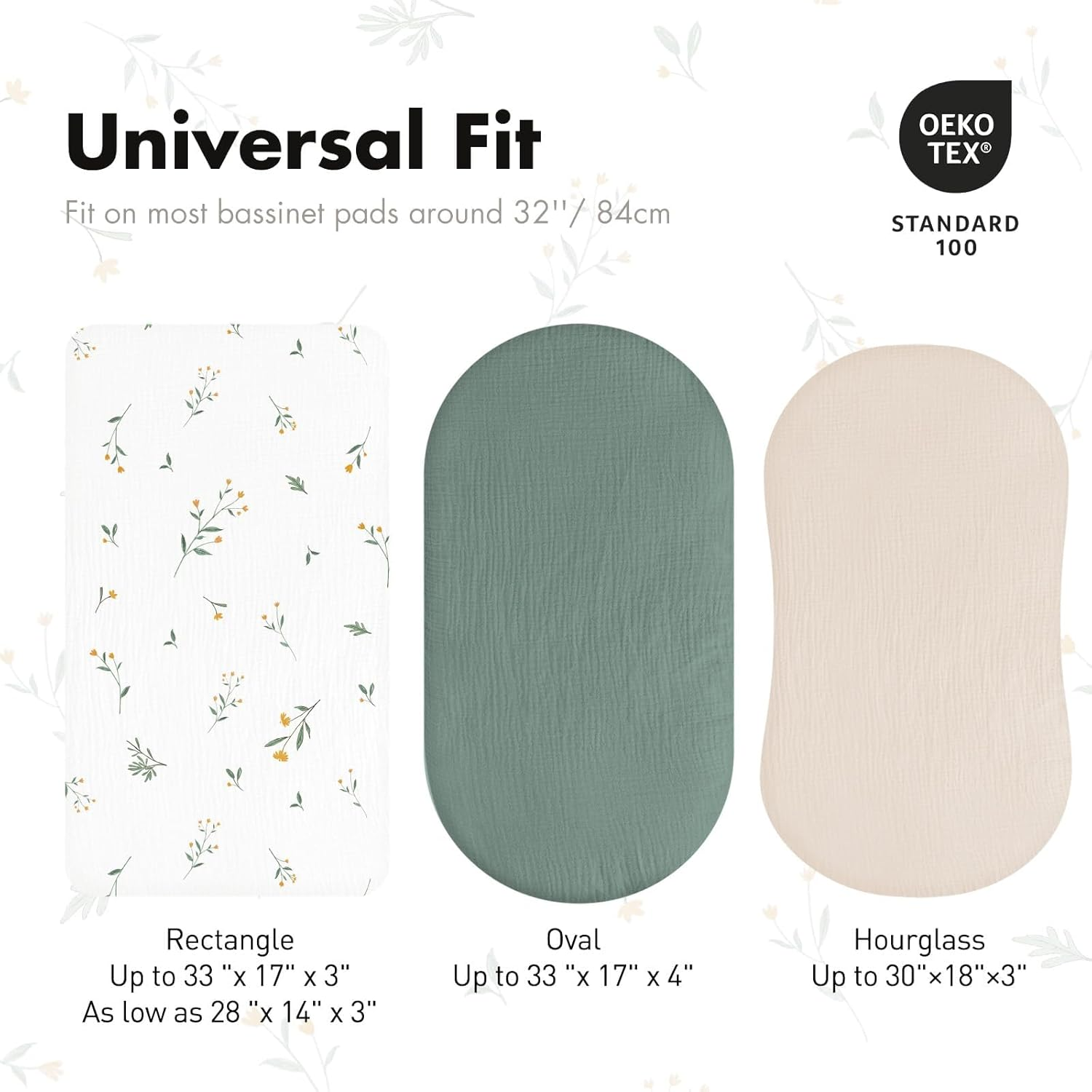 Muslin Bassinet Fitted Sheets, 3 Pack for Baby Boy and Girl, Soft Breathable Stretchy Baby Pad/Mattress Sheet Set, Universal Fit for Hourglass Oval and Rectangle Bassinet Mattress