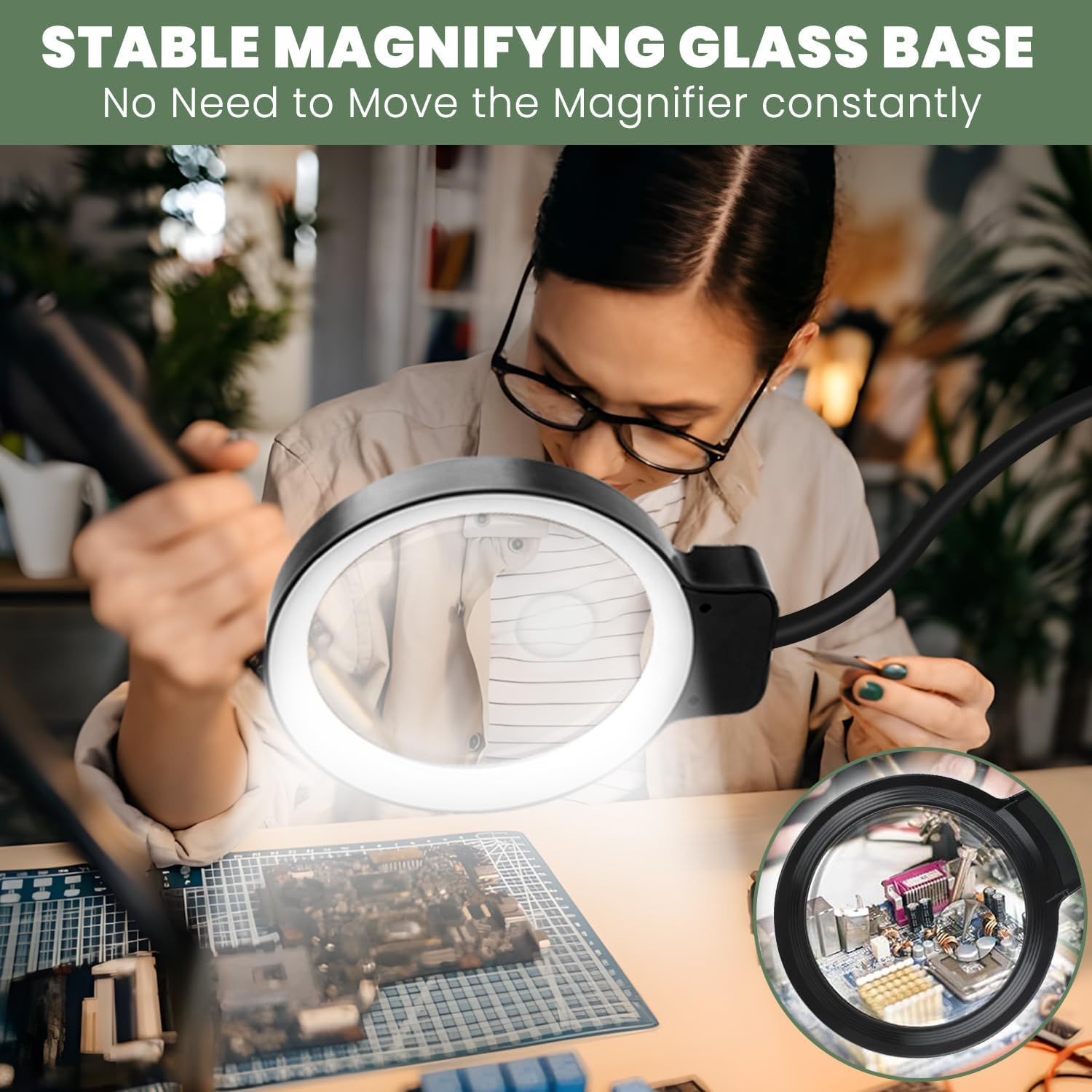 Magnifying Floor Lamp with Stand 10X 20X Magnification, 72 LED Flexible Gooseneck Light, 3 Color Modes, Adjustable Brightness, Dimmable Magnifier Glass for Repair, Sewing, Crafts