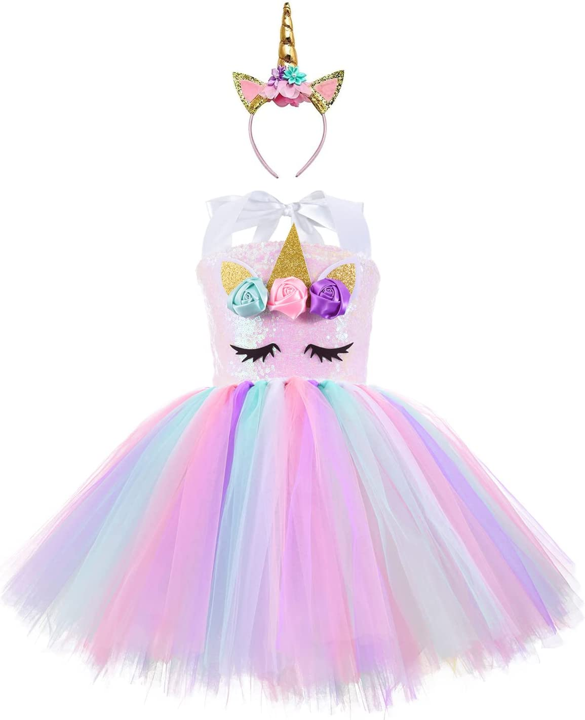 AUTOWT Sequin Unicorn Dress for Girls with Headband, Rainbow Tutu Dress for Birthday Pageant Christmas Party Dance Princess Costumes image number 1