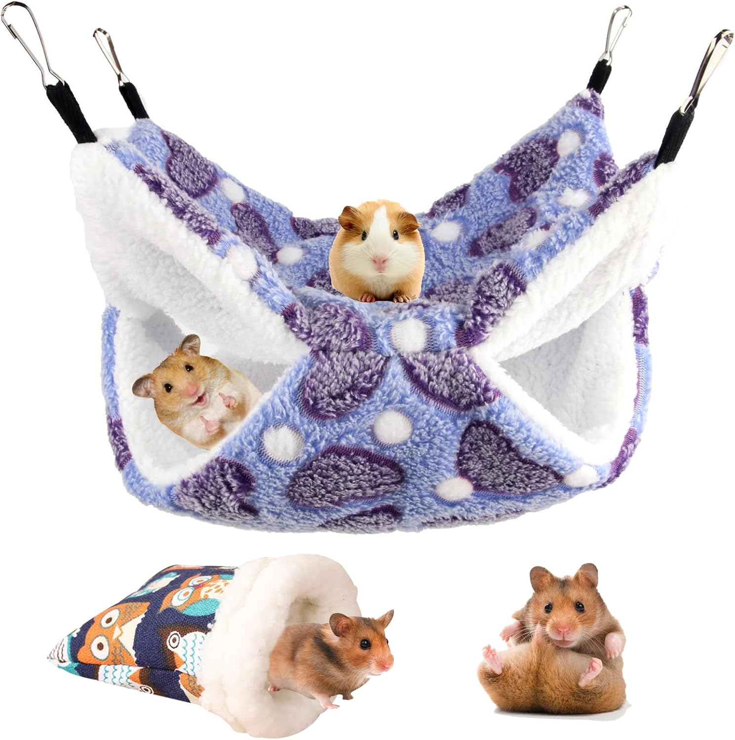 FOSDICK Pack of 2 Guinea Pig Hammock, Soft Plush Rat Hammock, Double Layer Small Animal Hammock, Warm Rodent Hammock, Hamster Hamster Hammock for Ferrets, Guinea Pig, Chinchillas image number 1