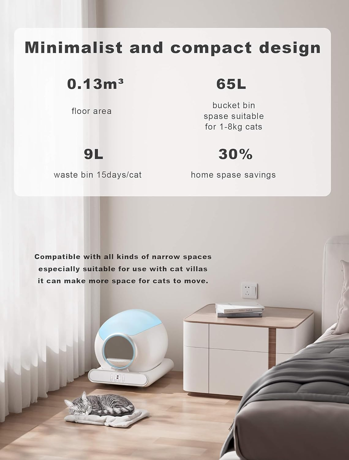 Automatic Cat Litter Box Tray, 65/9L Large Capacity Self-Clean No-Scoop Litter Clean Robot, with Safety Protection/Smart App/Odor Removal for Multi Cats (2-18LB)