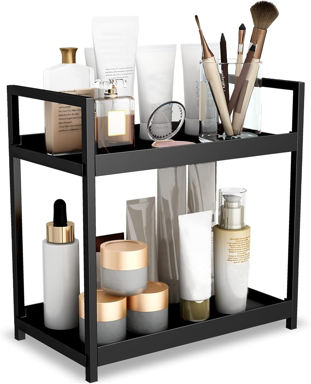 2-Tier Bathroom Counter Organizer with Basket, Vanity Tray Shelf, Bathroom Organizer Countertop, Vanity Organizer Bathroom Tray, Makeup and Skincare Organizers for Vanity Kitchen Spice Rack (White)