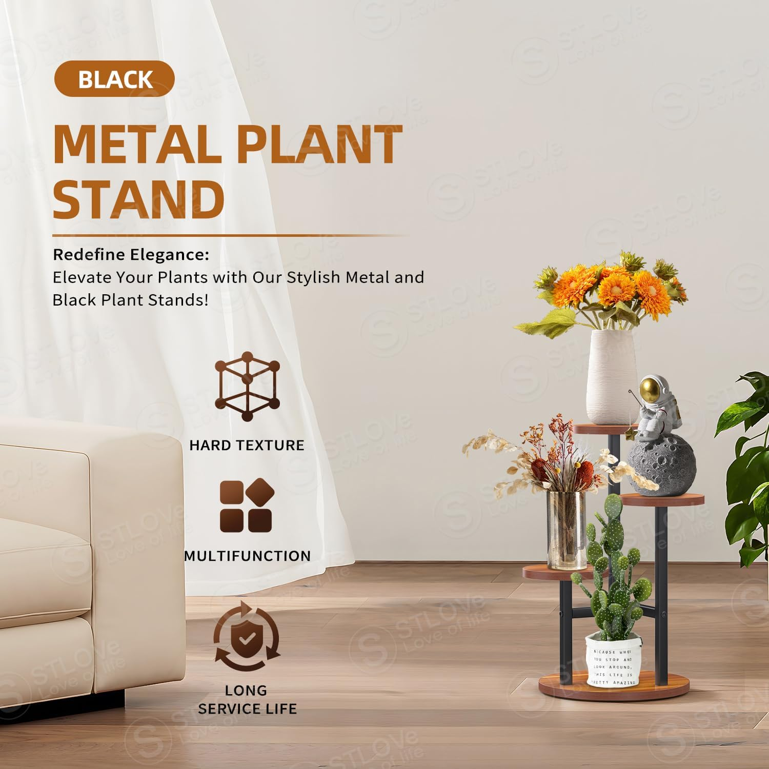 Stlove Plant Shelf, Flower Stand, 3 Levels Flower Shelf, Plant Stand, Flower Stairs for Room Corner, Living Room, Balcony, Patio, Window, Garden, Yard, 53.5 Cm Height, Metal Mahogany image number 4