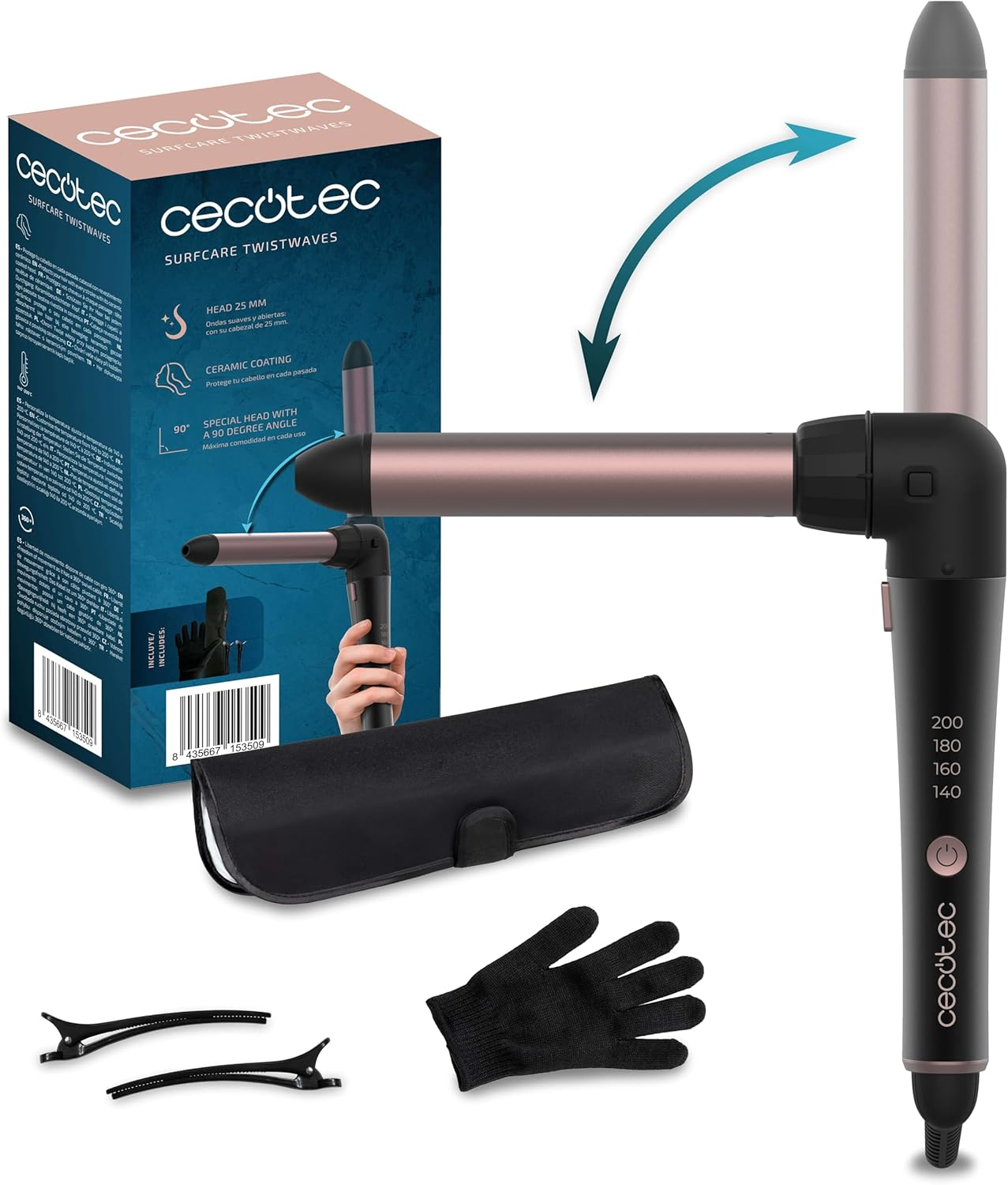 Cecotec Surfcare 3200 Twistwaves Curling Iron, 60 W, 32 Mm Head, 90&deg; Arc, Comfortable Use, Adjustable Temperature, Thermal Glove, Case and 2 Clips, Rotating Cable - 750 Travel Magic Waves image number 2