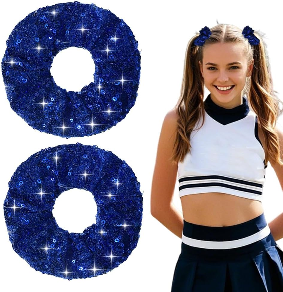 Navy Blue Scrunchies for Thick Thin Hair Ties for Girls Toddler Cheer Stuff for Kids Womens Blue Sequins Cheer Hair Pieces Ponytail Holders for Braids Glitter Rhinestone Cheerleader Scrunchie 2 Pcs